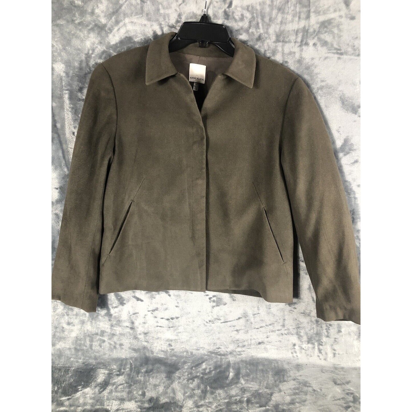 Anne Klein Women’s Jacket Neiman Marcus Suede Olive Green Moto Large Snap Front