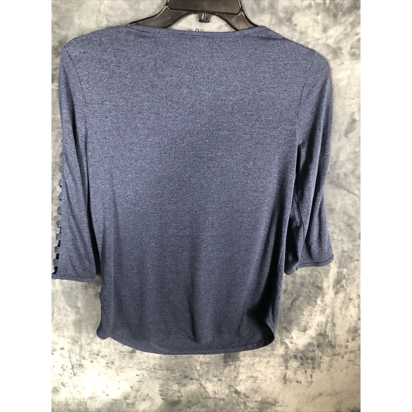 BCX Shirt Woman’s Blouse Lattice Cut Out Sleeves Size Adult Small Slate Blue