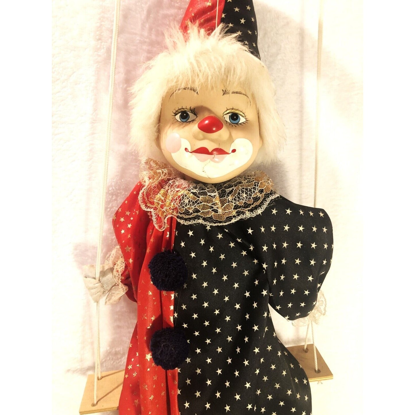 Vintage Circus Clown Kid Doll Porcelain Head String Marionette Puppet on Swing