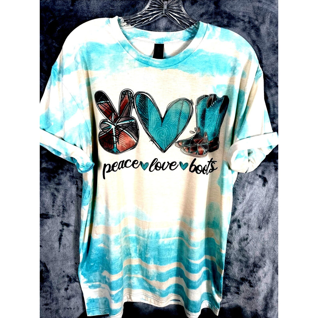 Women’s T-shirt Peace Love And Boots Cowgirl Bleached Blue Shirt Size Large