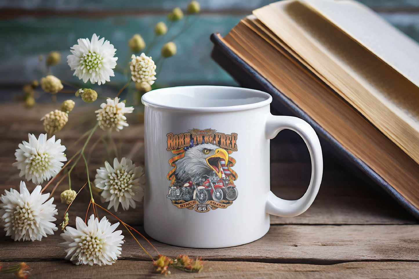 Customized Ceramic Mug, Motorcycle Design Coffee Cup, Gift for Motorcycle Lovers, Freedom Eagle Art, Personalized Drinkware