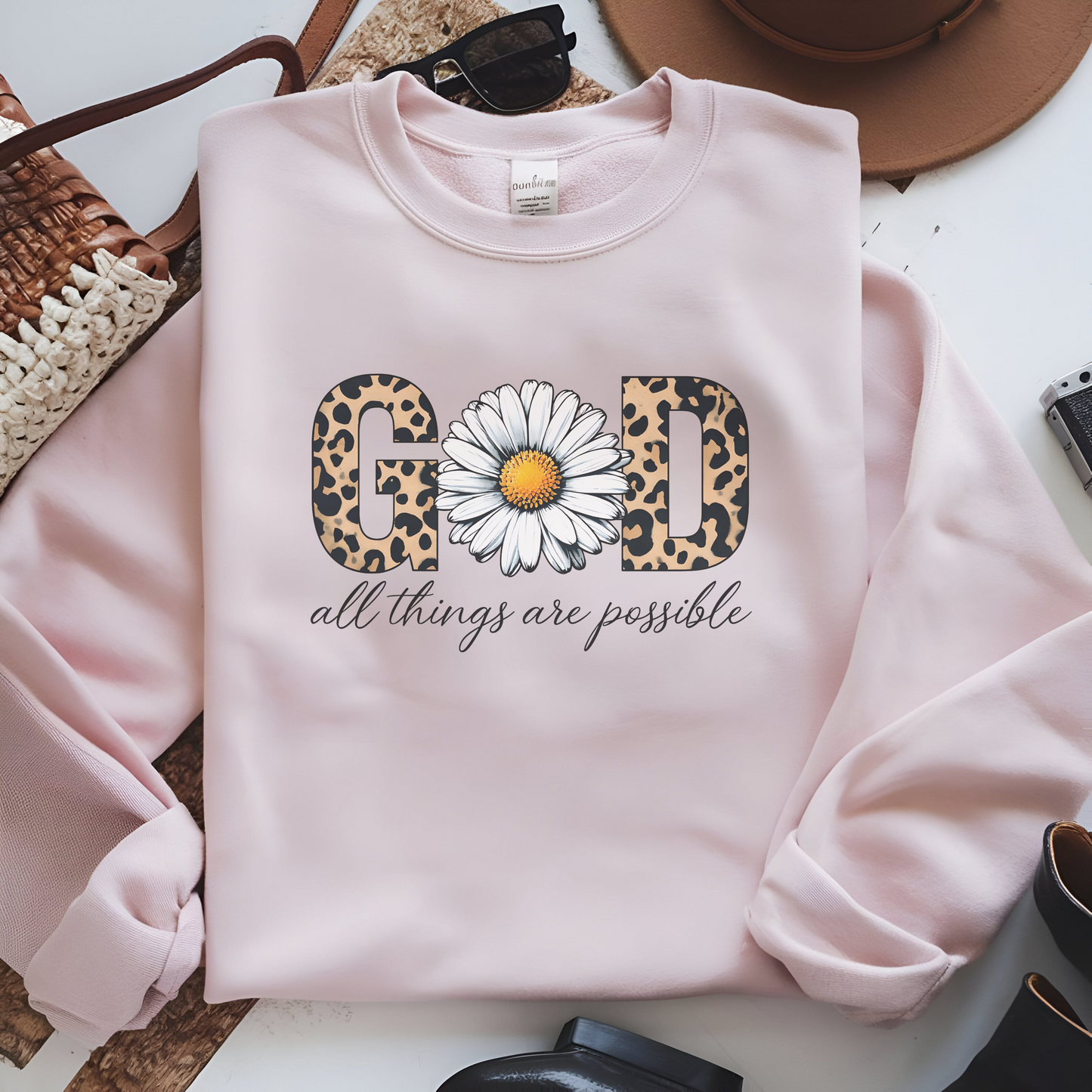 Leopard Print Daisy Sweatshirt, Inspirational Crewneck, Unisex Pullover, Chic Fall Fashion, Custom Apparel Gift, Graphic Print Top