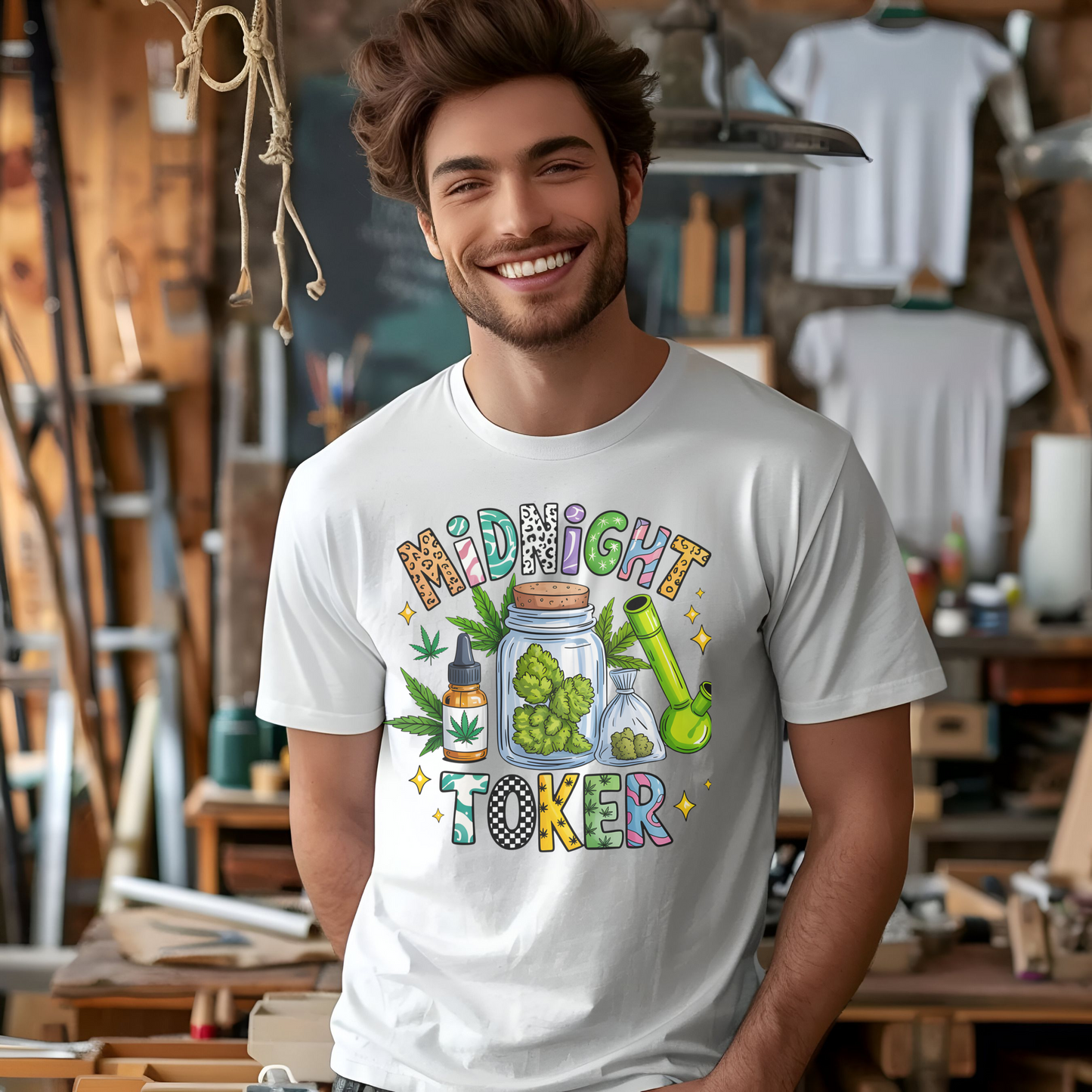 Midnight Toker Unisex T‑Shirt, Cannabis Graphic Tee, Weed Leaf Art Shirt, Stoner Streetwear, Night Aesthetic Shirt