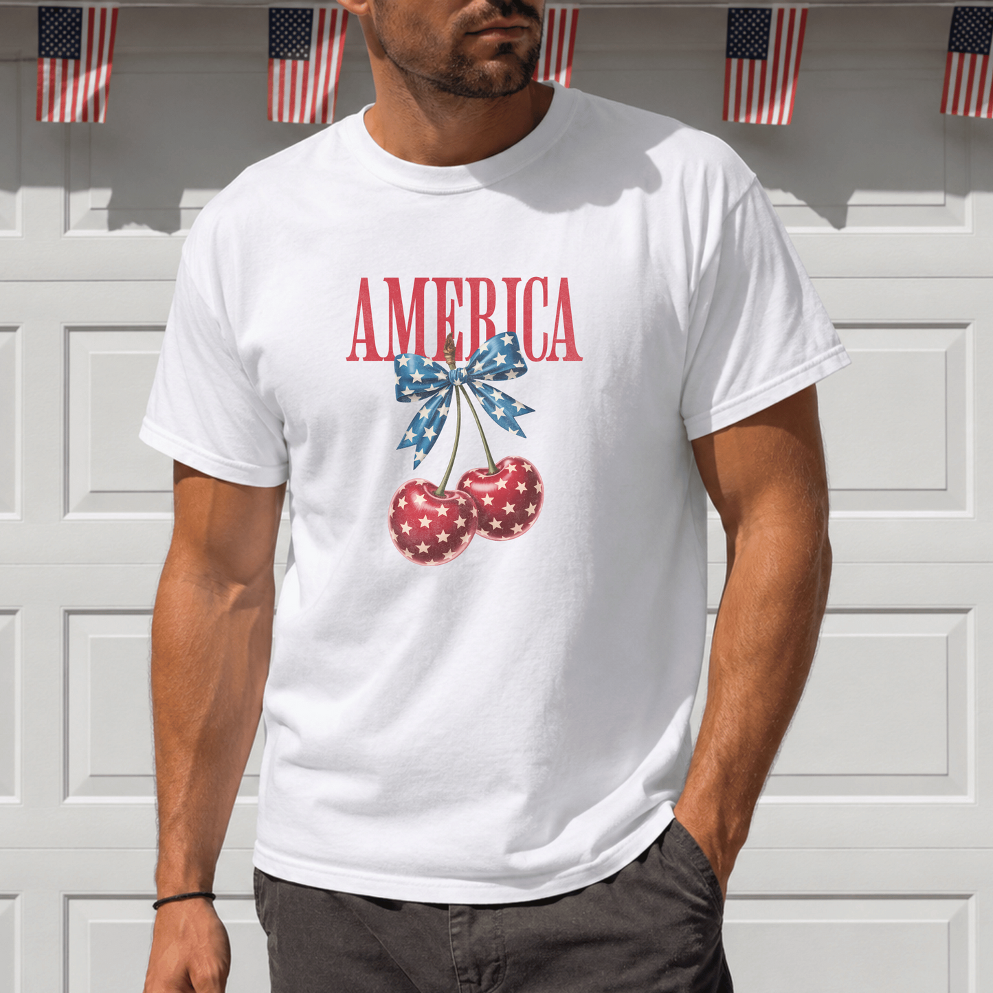 Patriotic Cherry Bow Tee, Vintage American Graphic Shirt, 4th of July Gift, Retro Style, Stars and Stripes Design, Customizable