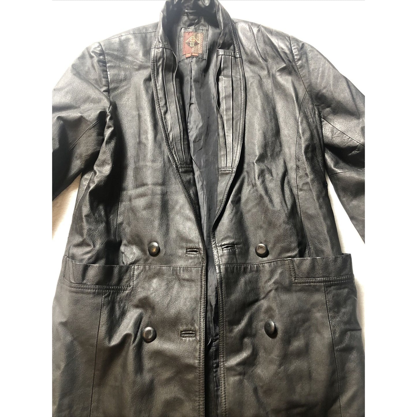 Vintage 80's G-III Black Leather Long Trench Coat Women's Small Long