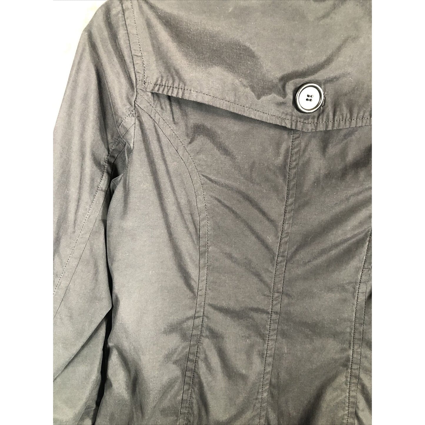 Joujou Ladies Black Trench Coat, Size ￼Lightweight Button Down Missing ￼Belt