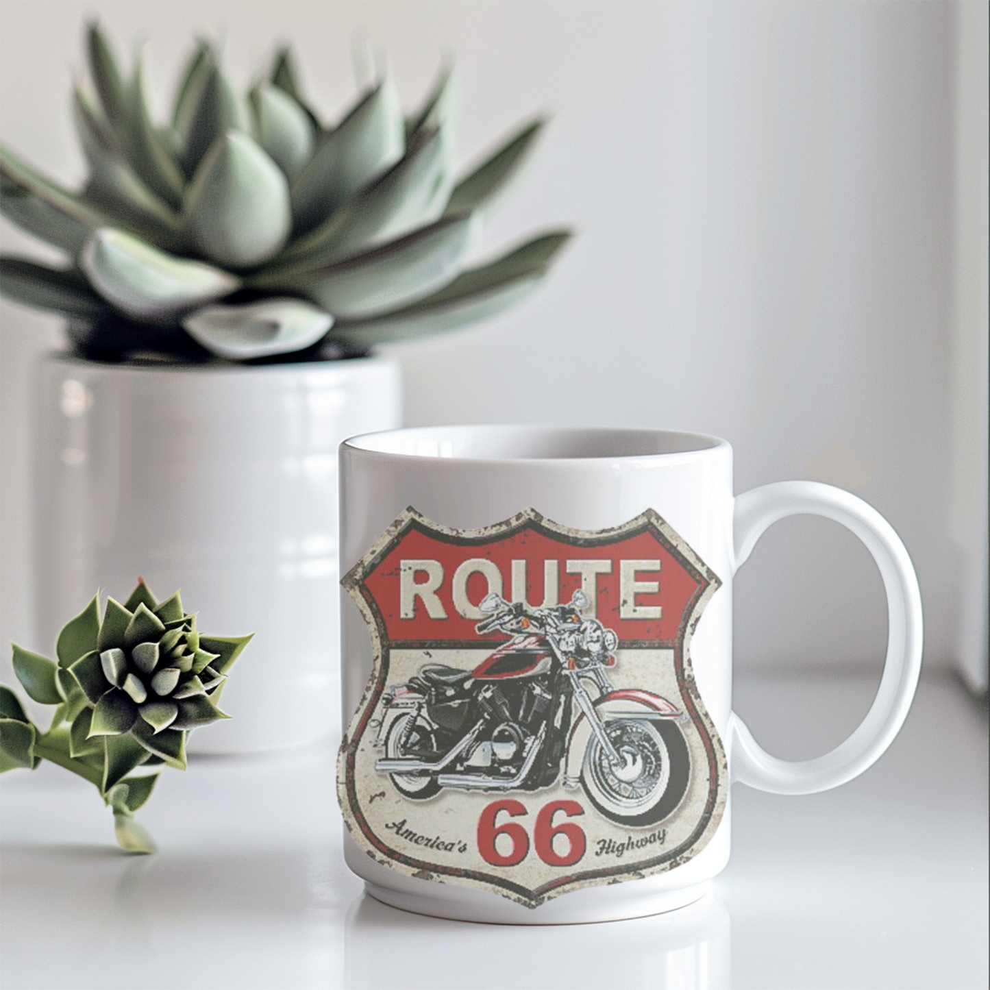 Motorcycle Enthusiast Gift, Route 66 Ceramic Coffee Mug, Americana Road Trip Decor, Personalized Mug for Bikers, Highway Travel Souvenir