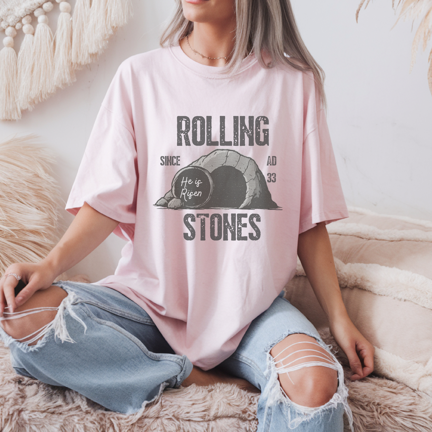 Rolling Stones He is Risen Christian T-Shirt, Religious Easter Gift, Vintage Graphic Tee, Christian Apparel, Funny Religious Shirt