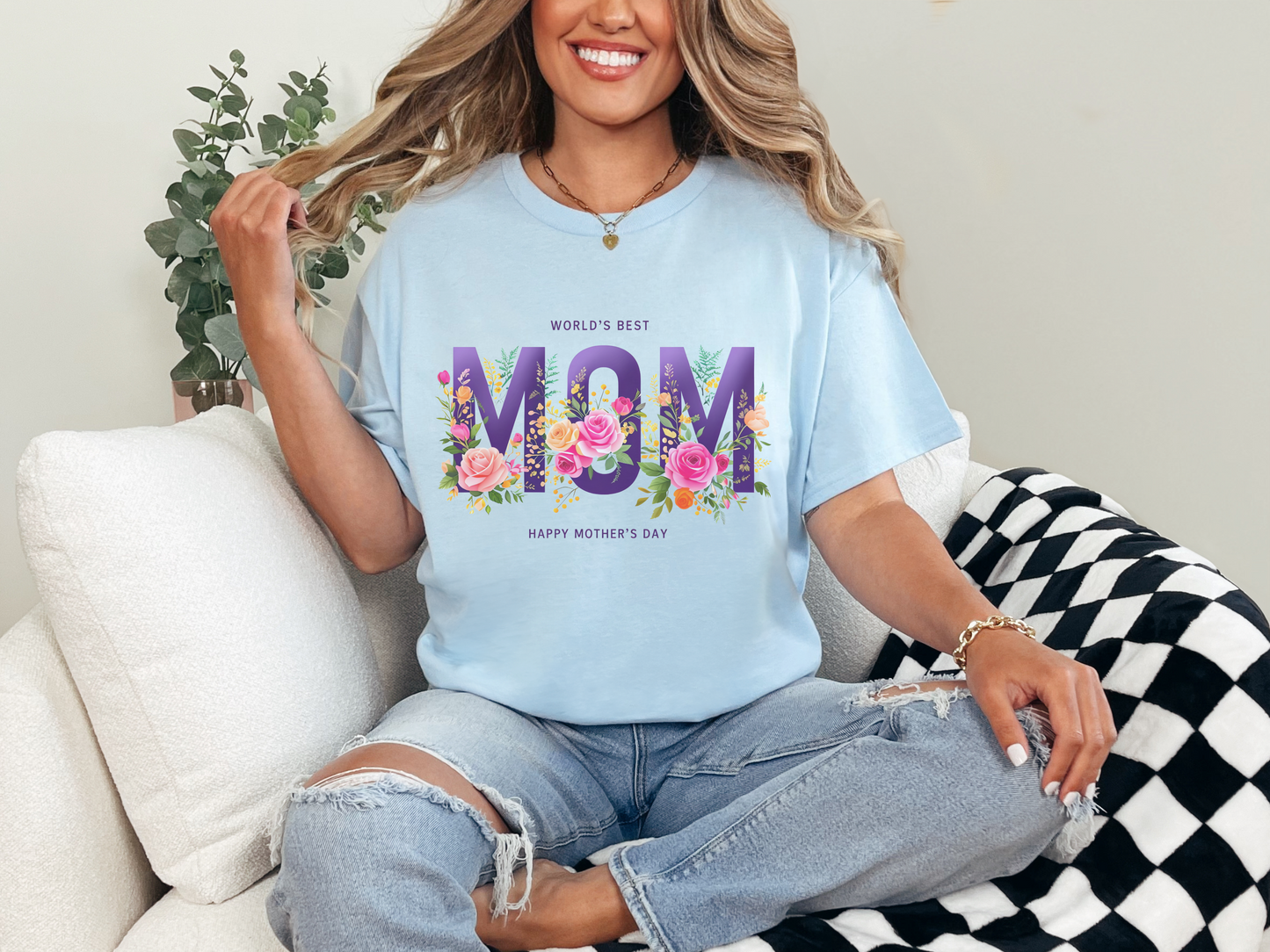 Mother's Day T-Shirt, World's Best Mom Tee, Floral Graphic Shirt, Gift for Mom, Gildan Cotton Shirt, Customized Mother's Day Gift