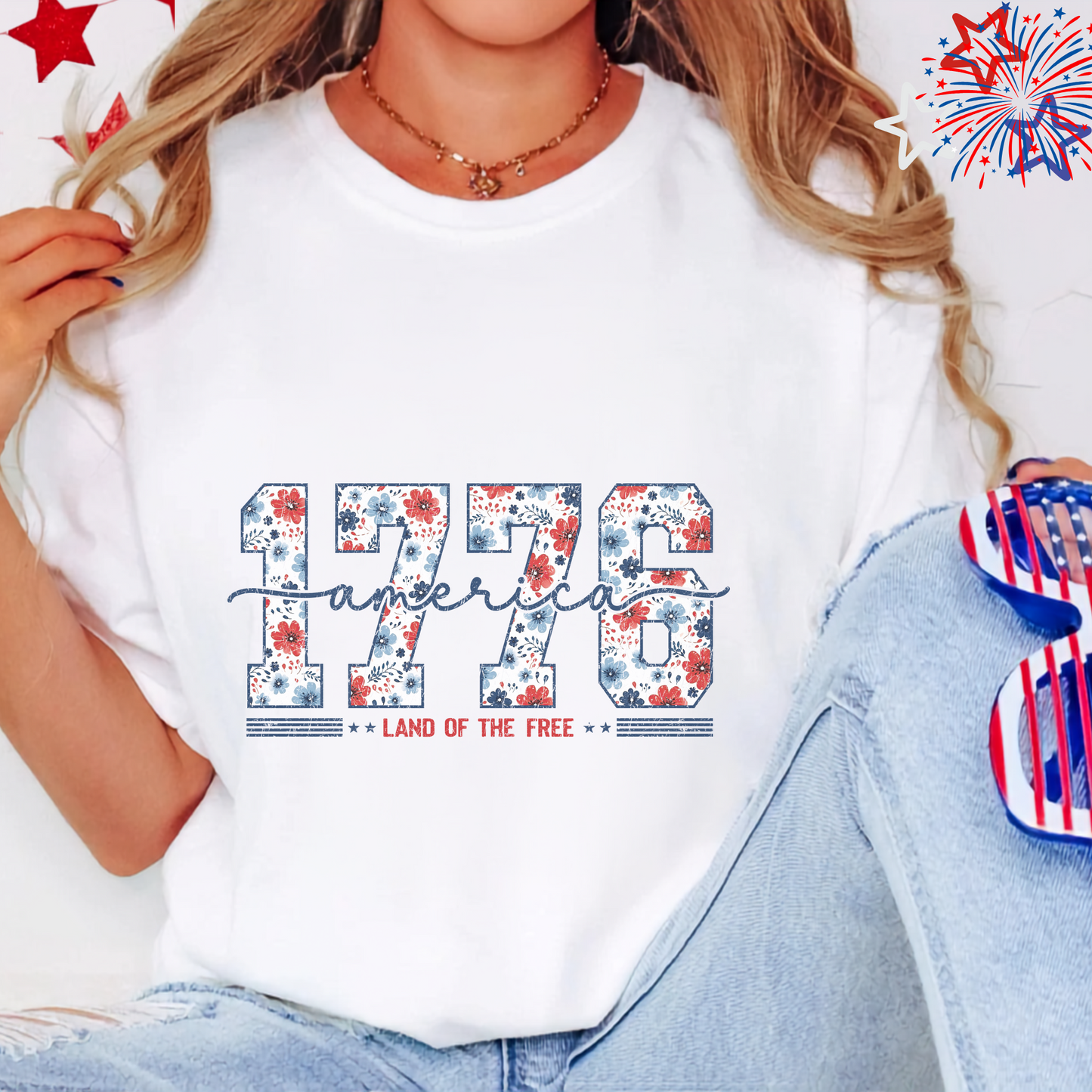 Patriotic Floral 1776 Americana Tee, Custom Independence Day Shirt, Vintage Style Flower Design, Land of the Free Gift