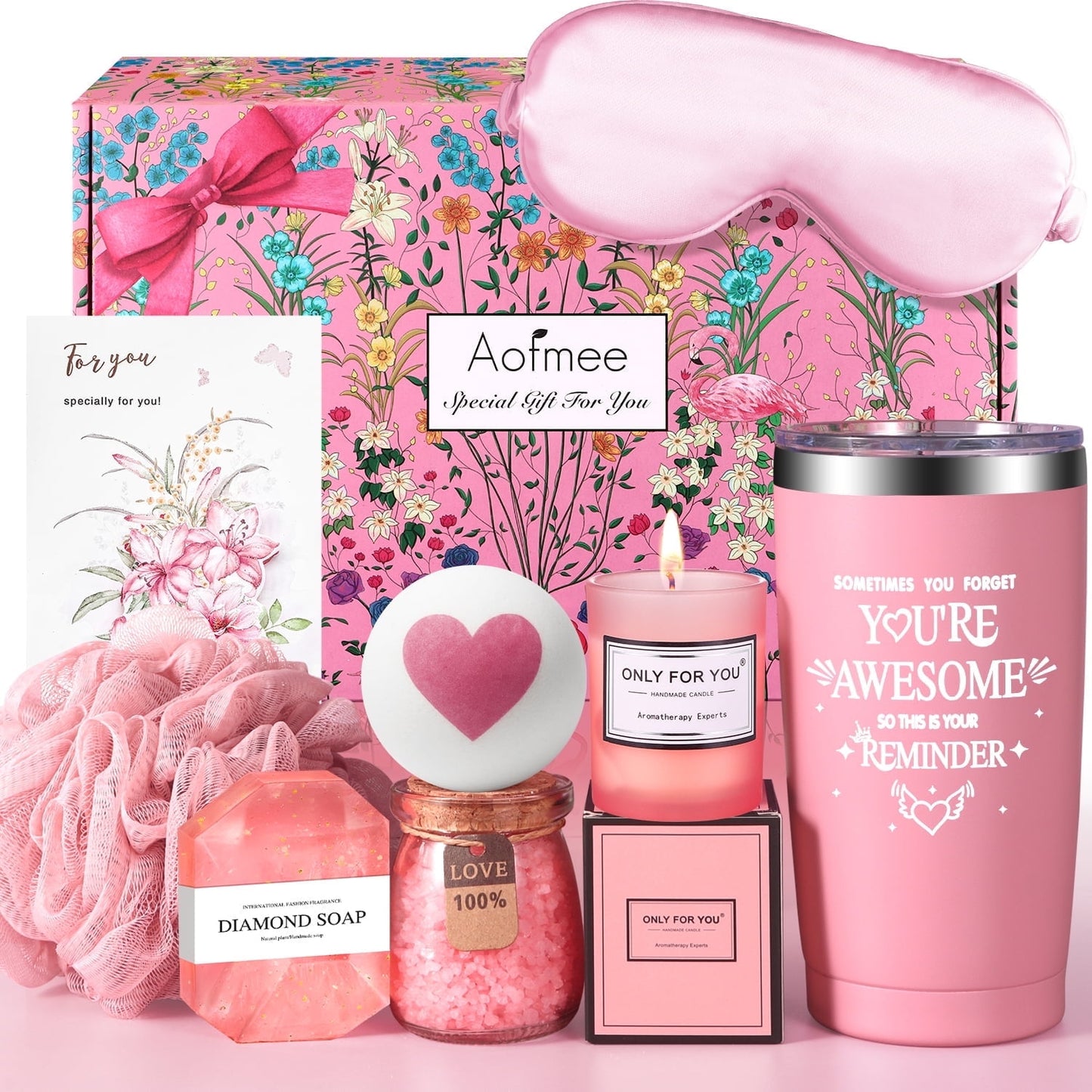 Aofmee Gift Baskets for Women, 8 Pcs Rose Bath and Body Care Set, Beauty Spa Birthday Mother's Day Gifts for Her, Pink
