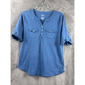 Croft & Barrow Womens Blue Henley Top W/ Lace Trim Button Pockets & Roll-Tab Sleeves Medium
