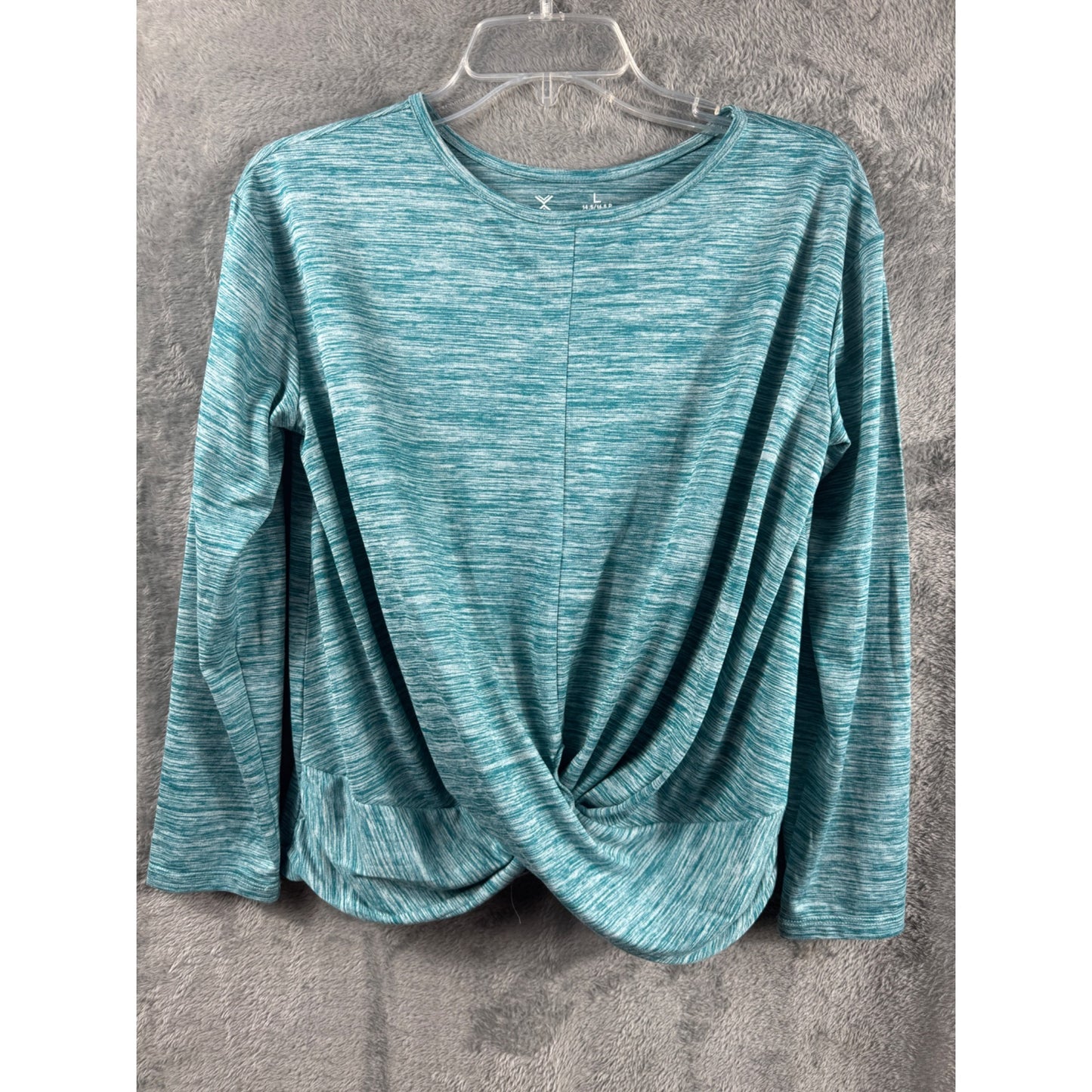 Xersion Womens Quick-Dri Blue Heathered Twist Front Long Sleeve Top L