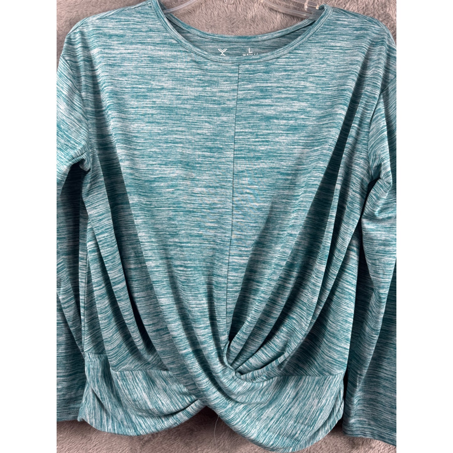 Xersion Womens Quick-Dri Blue Heathered Twist Front Long Sleeve Top L