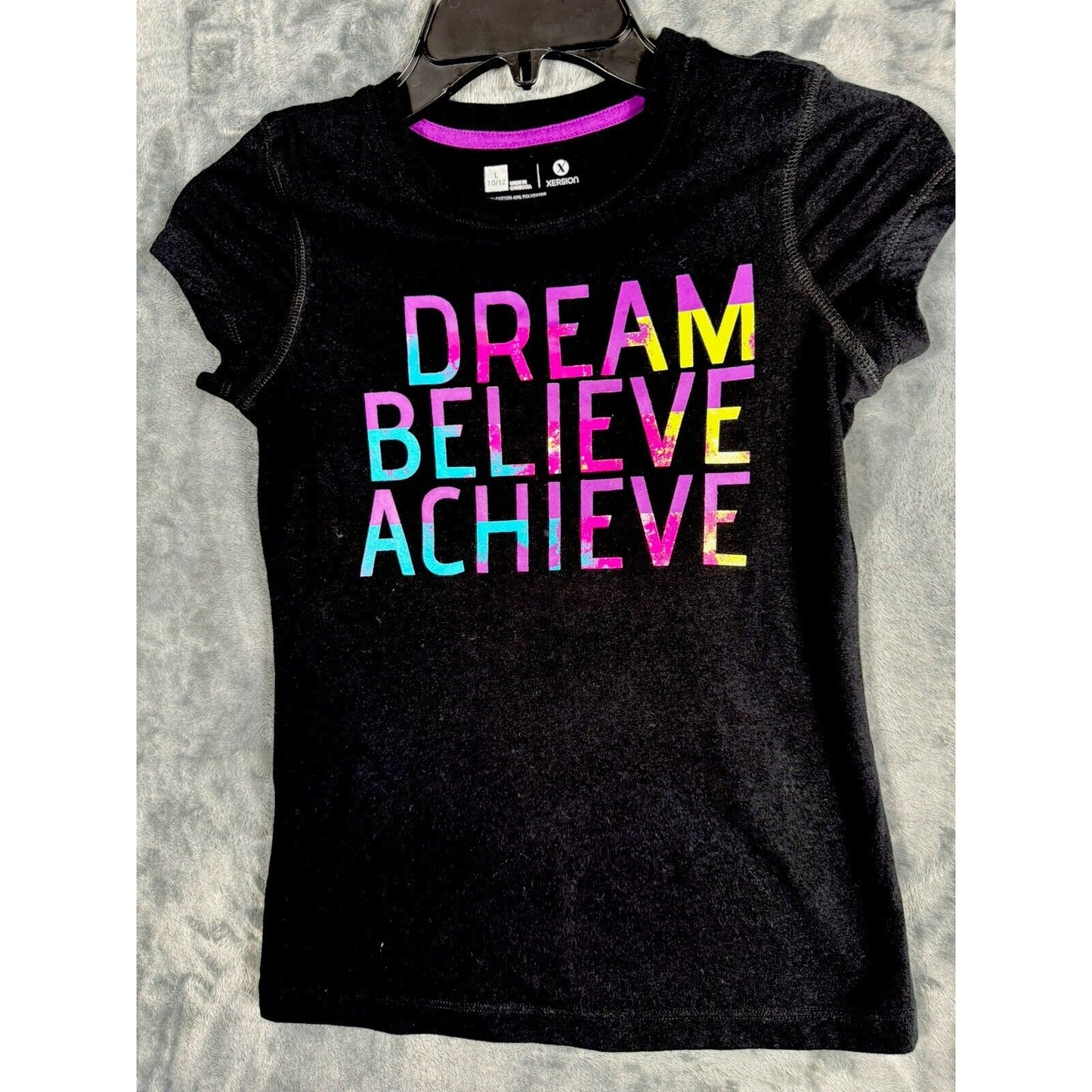 Girls T-Shirt Black Dream Believe Achieve Top Size L (10-12) Purple Blue Black