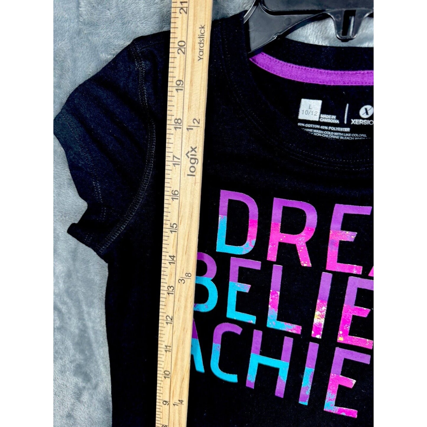 Girls T-Shirt Black Dream Believe Achieve Top Size L (10-12) Purple Blue Black