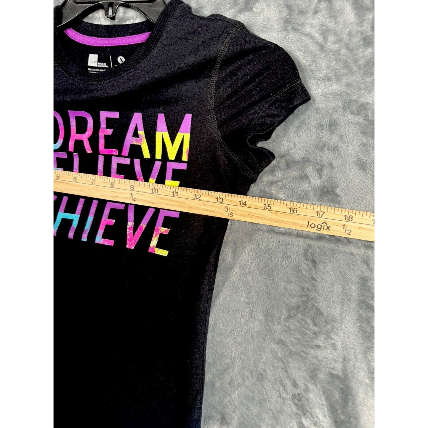 Girls T-Shirt Black Dream Believe Achieve Top Size L (10-12) Purple Blue Black
