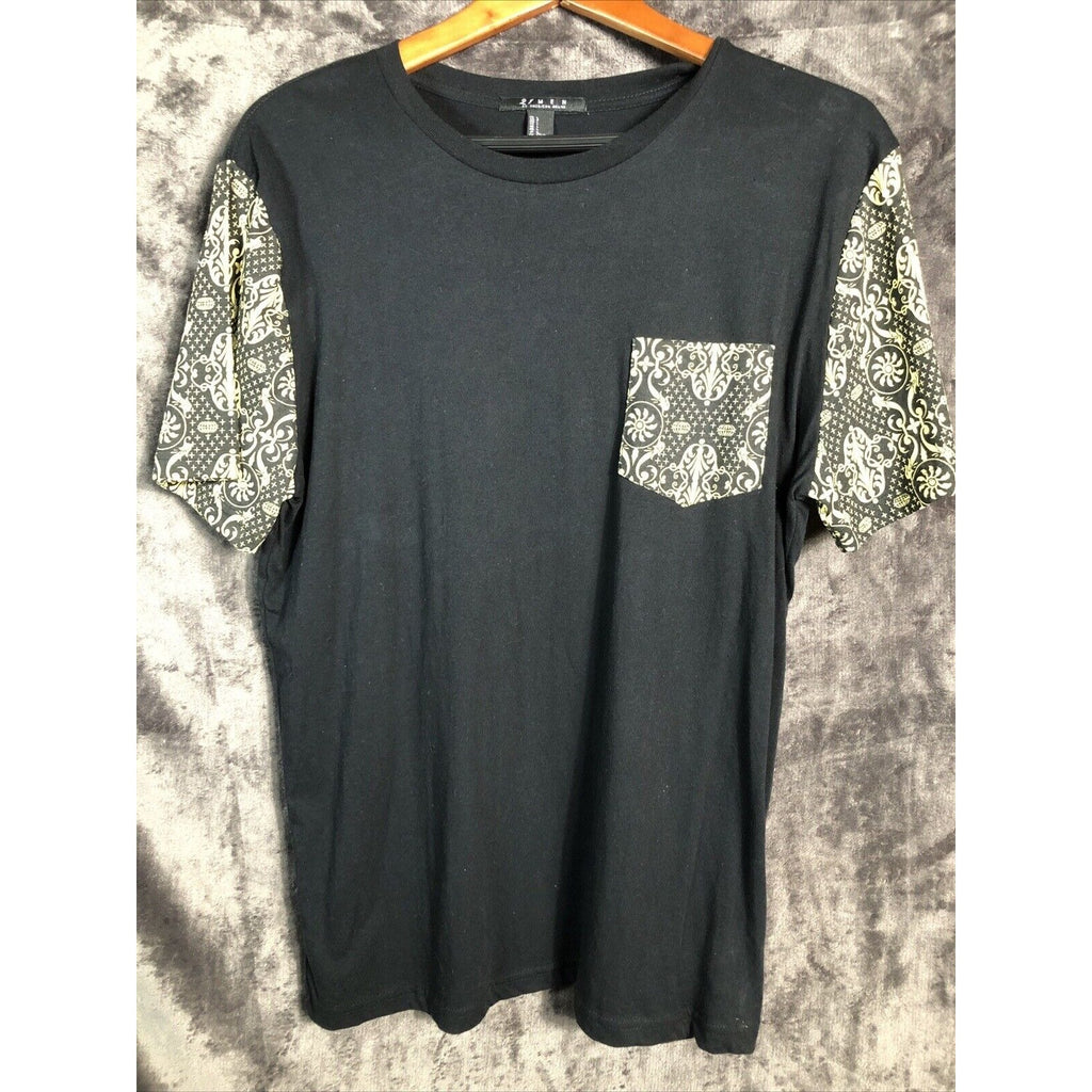 2 Men Men’s Pocket Tee Shirt Two Toned Black  Yellow Geo Print Shirt Size L