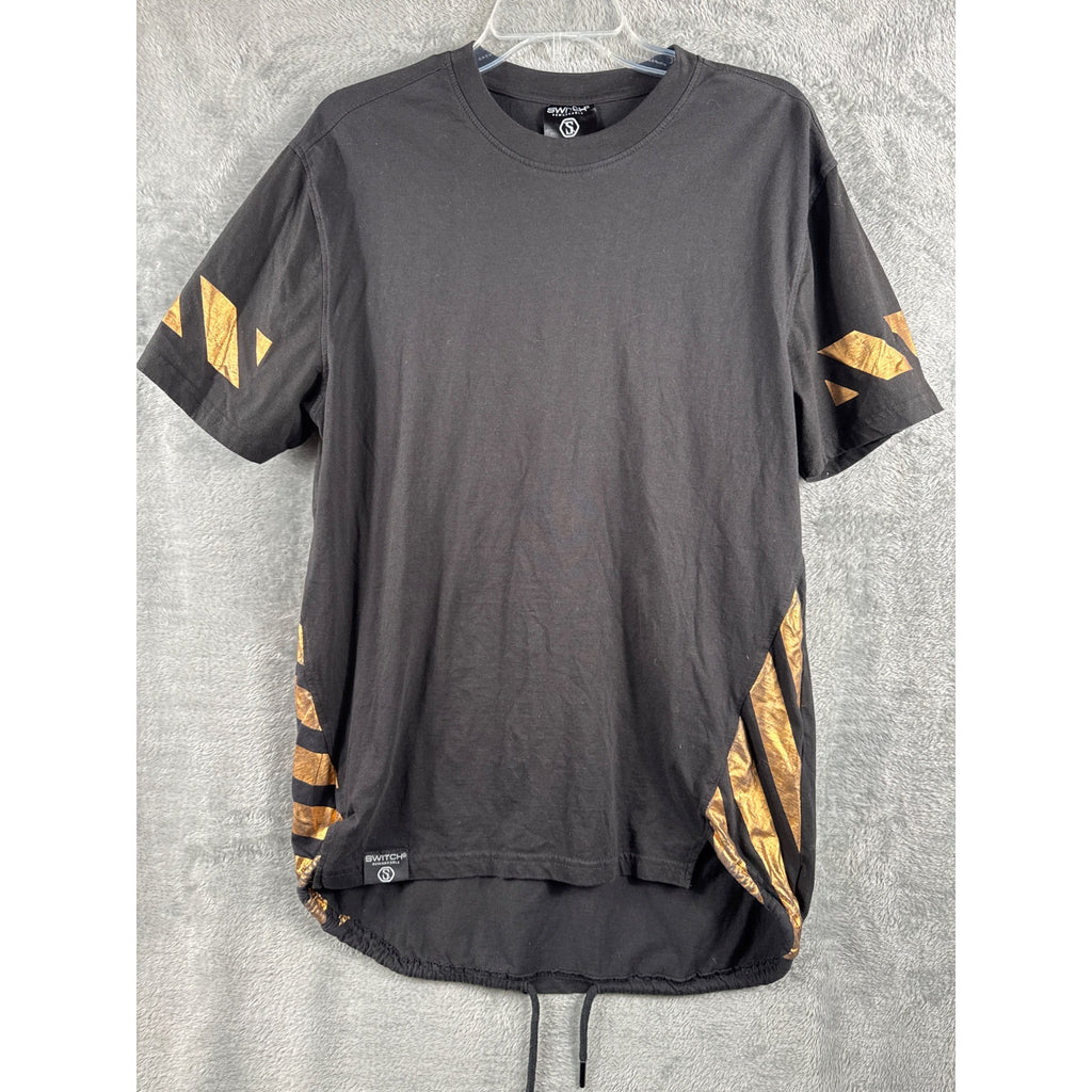 Switch Mens Shirt Remarkable Black & Gold Striped Hem High-Low T-Shirt XL Cotton