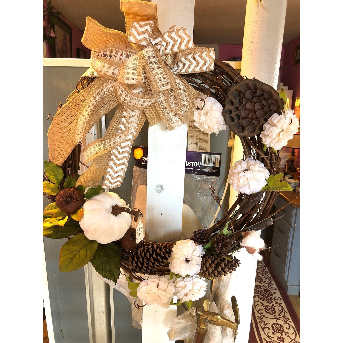 Rustic Fall Wreath With Burlap Chevron Bow Pine Cones & Pumpkins