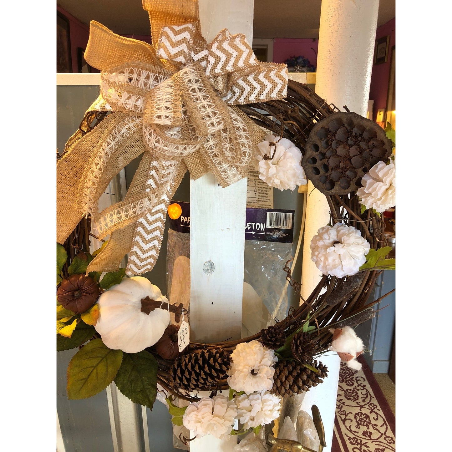 Rustic Fall Wreath With Burlap Chevron Bow Pine Cones & Pumpkins