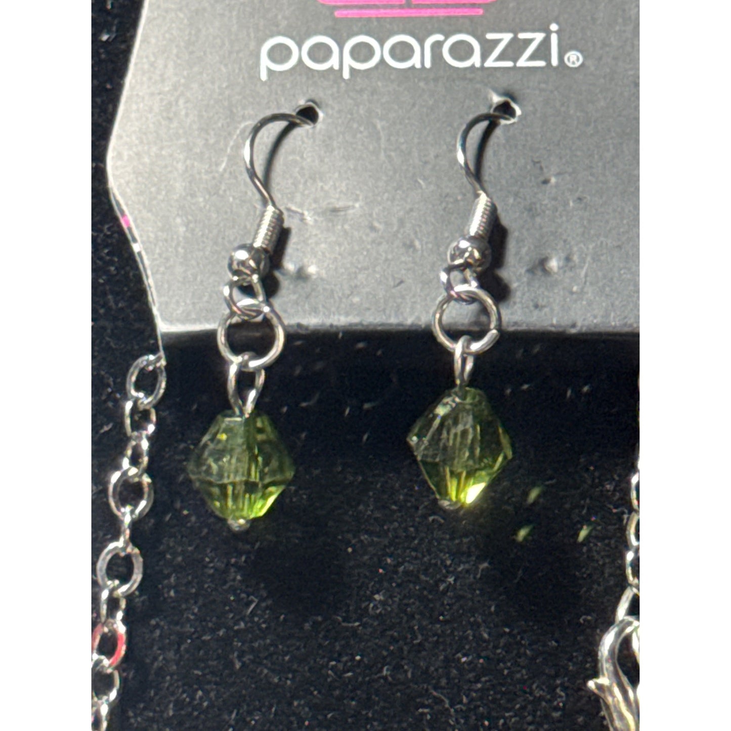Paparazzi Silver Leaf Necklace & Green Crystal Earrings Set
