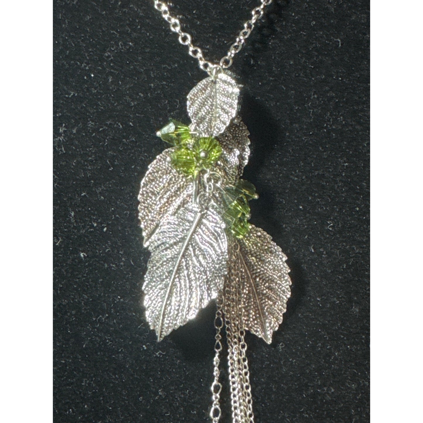 Paparazzi Silver Leaf Necklace & Green Crystal Earrings Set