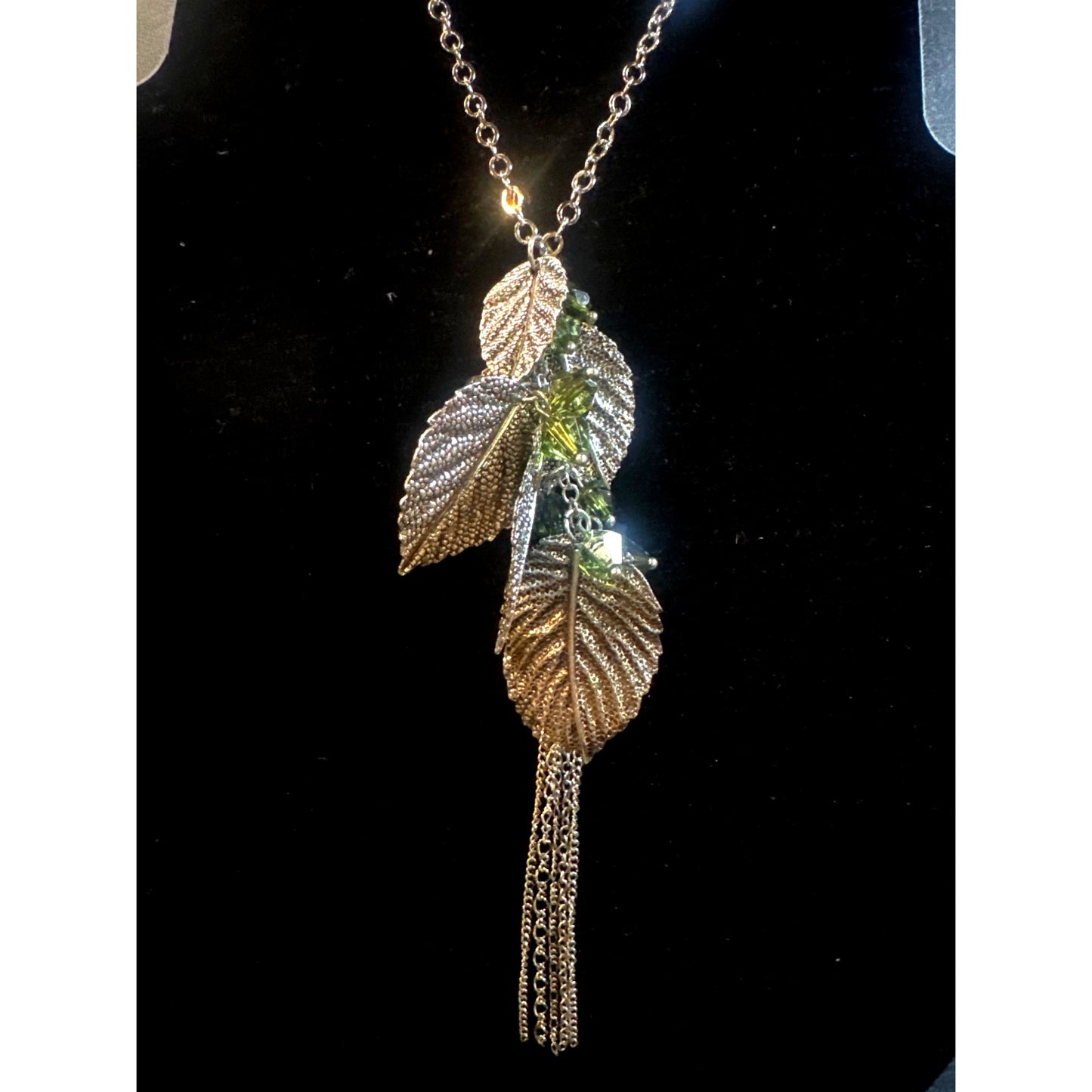 Paparazzi Silver Leaf Necklace & Green Crystal Earrings Set