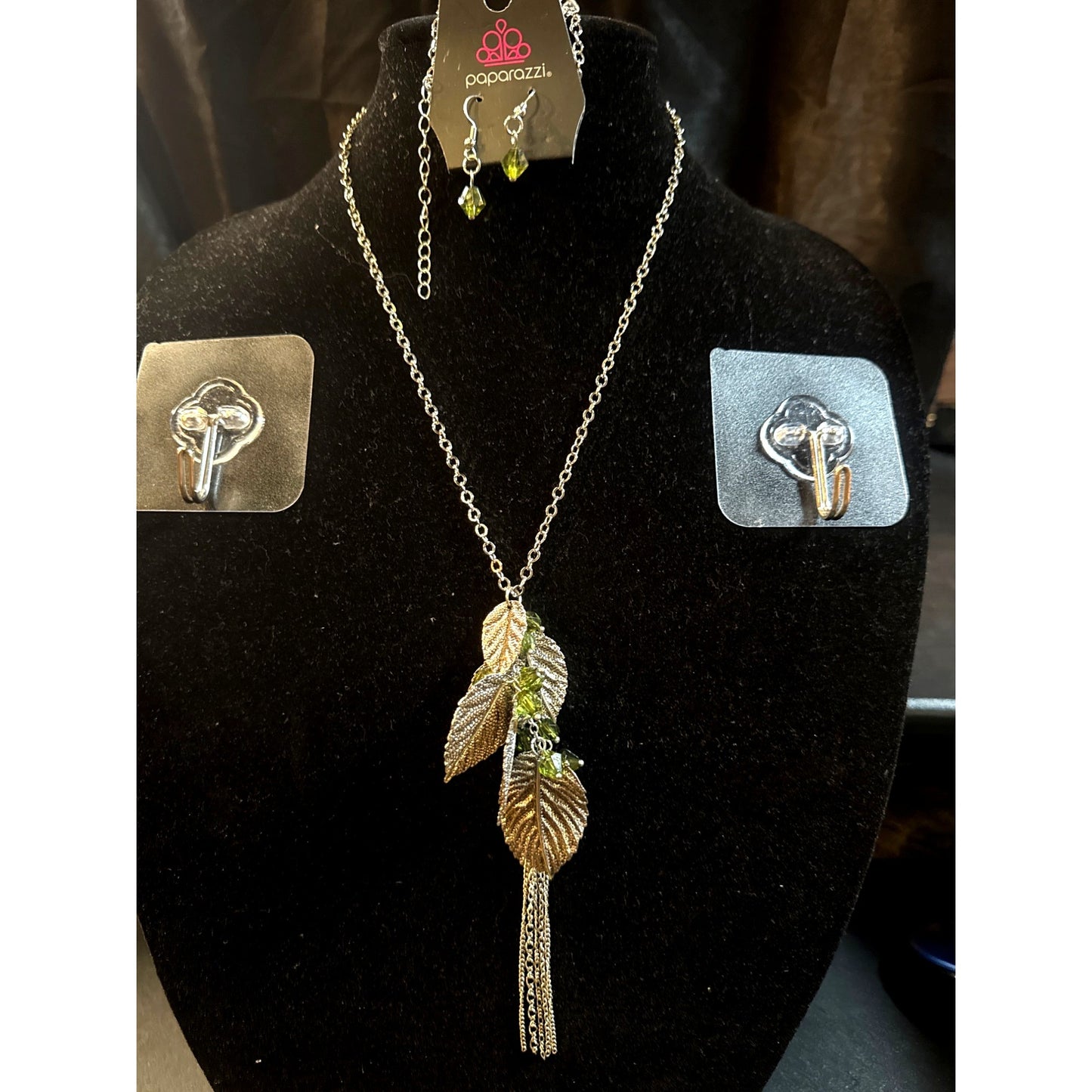 Paparazzi Silver Leaf Necklace & Green Crystal Earrings Set