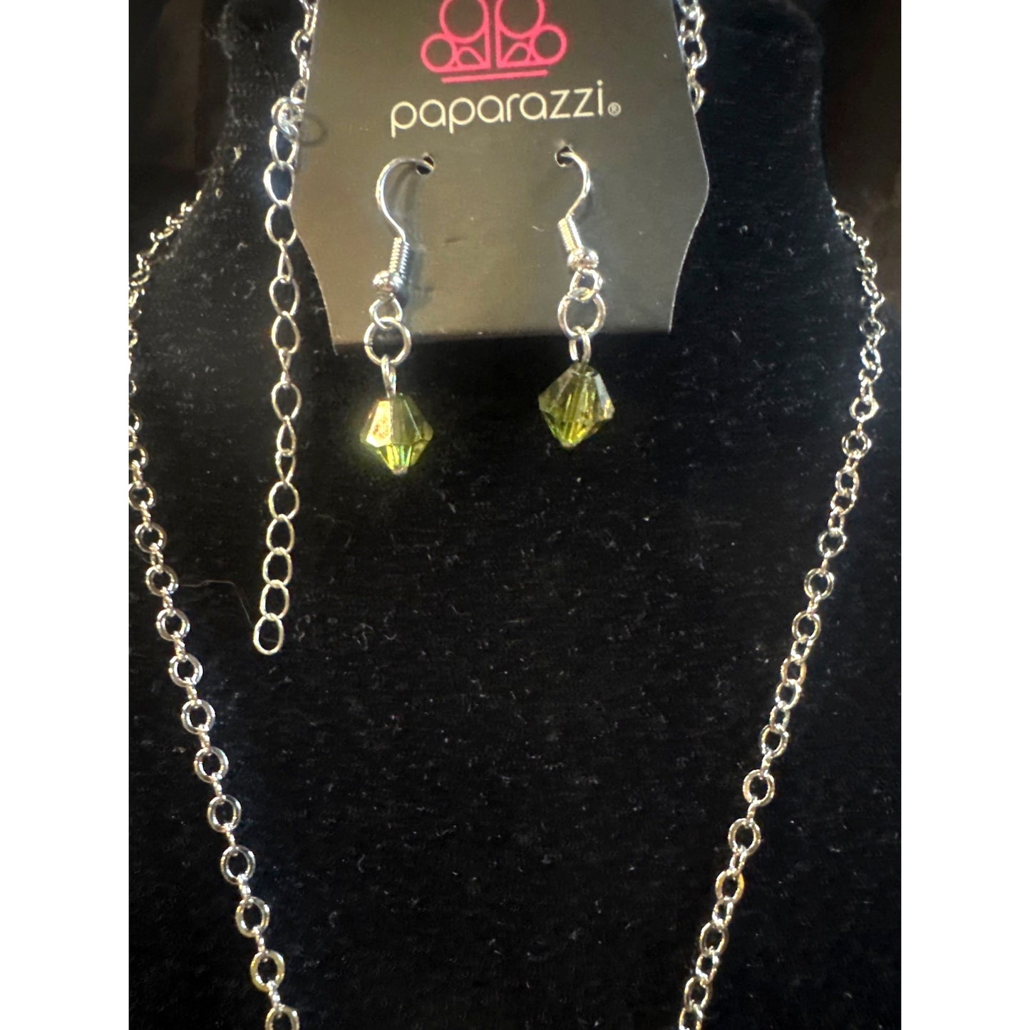 Paparazzi Silver Leaf Necklace & Green Crystal Earrings Set