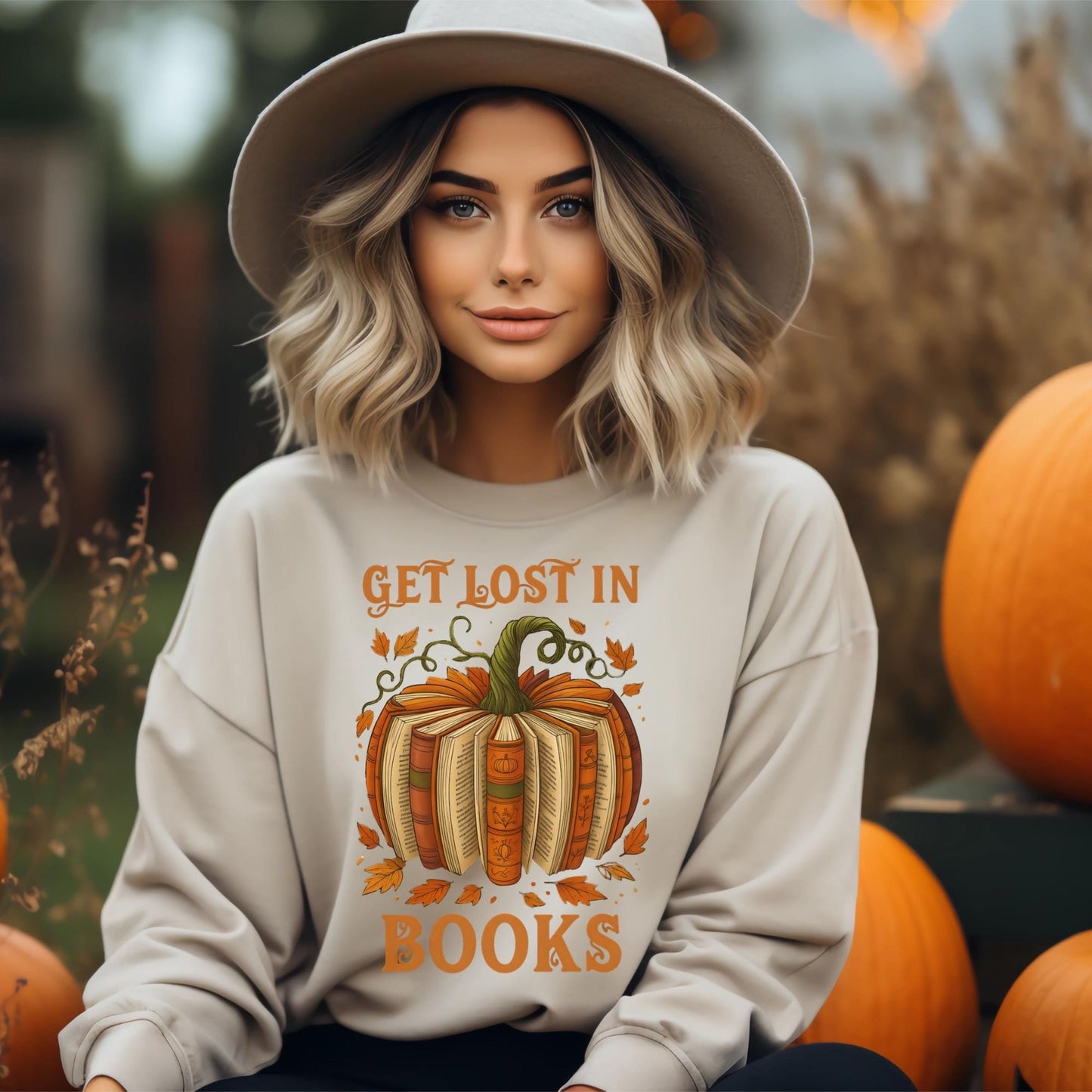 Women's Get Lost in Books Pumpkin Sweatshirt - Fall Book Lover Pullover, Cozy Autumn Gift for Her