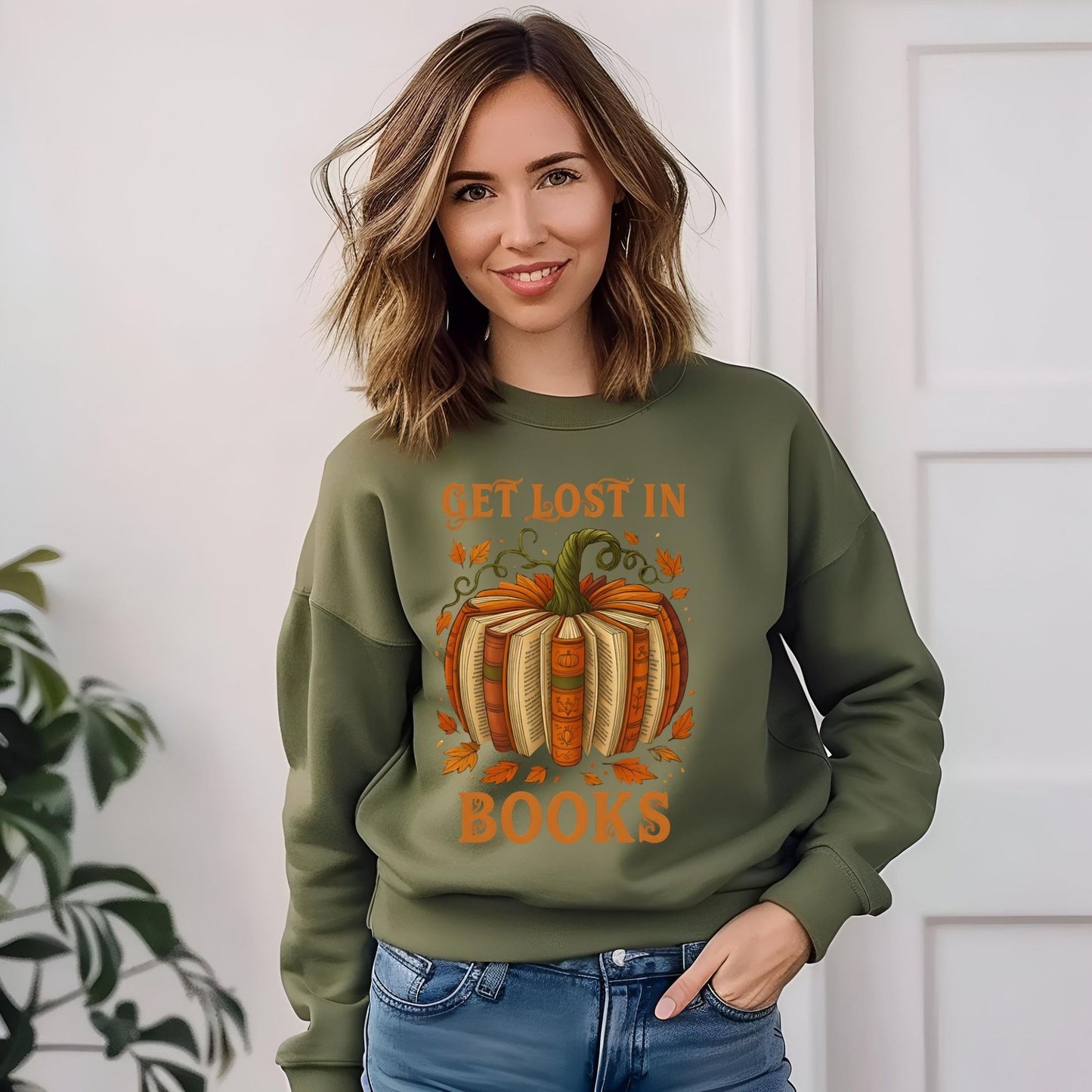 Women's Get Lost in Books Pumpkin Sweatshirt - Fall Book Lover Pullover, Cozy Autumn Gift for Her