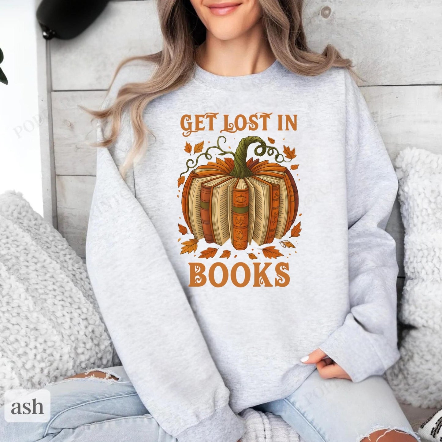 Women's Get Lost in Books Pumpkin Sweatshirt - Fall Book Lover Pullover, Cozy Autumn Gift for Her
