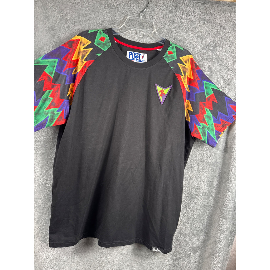 Post Game XL Black Shirt With Multicolor Geometric Sleeves & Logo