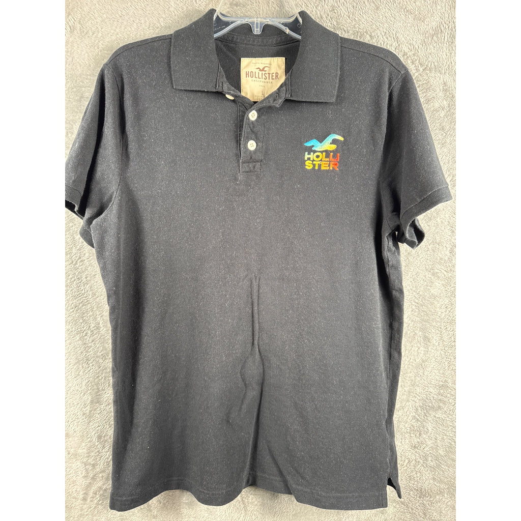 Hollister Mens Black Polo Shirt With Embroidered Logo Size L Short Sleeve Cotton Blend Classic Fit