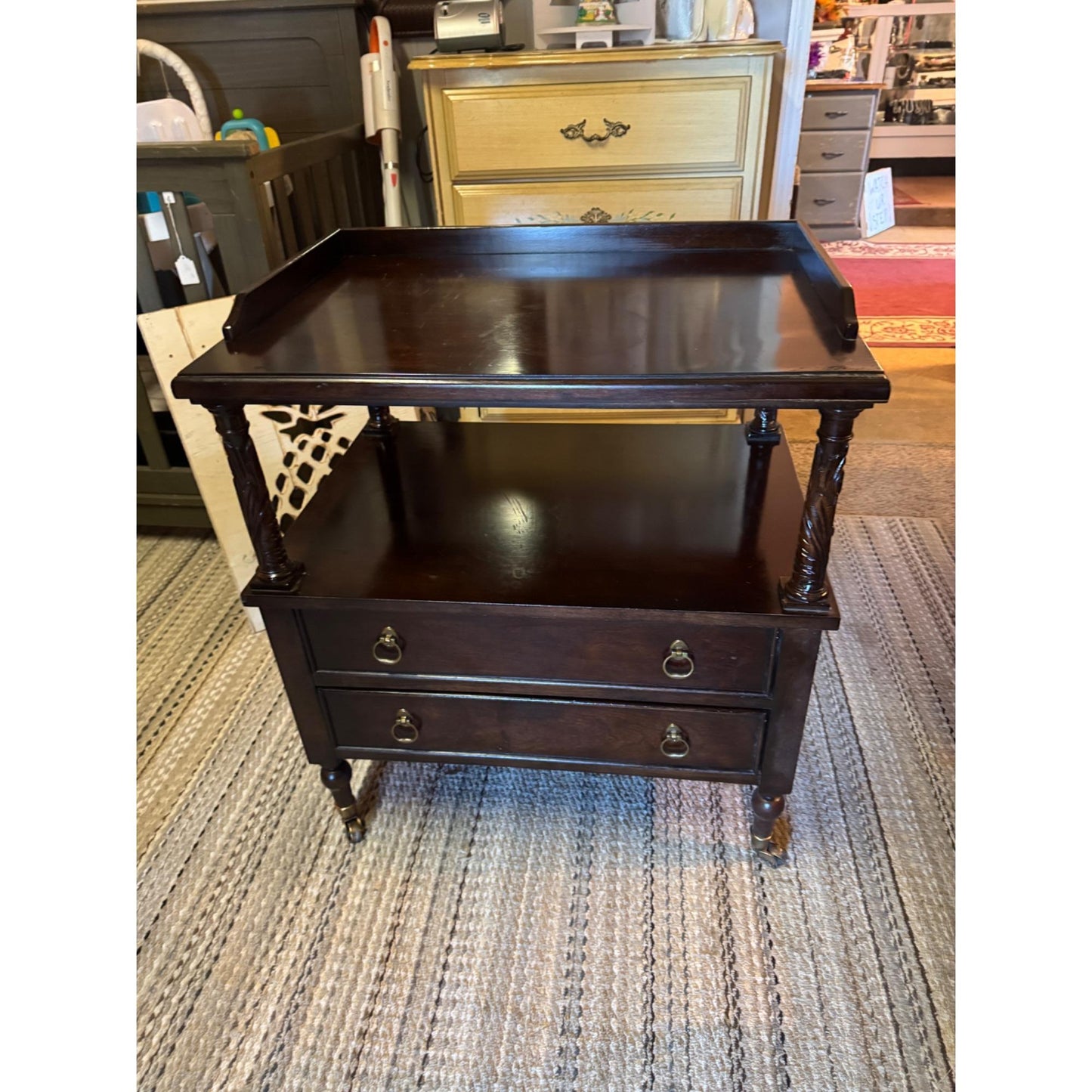 Bernhardt Bar Cart Side Table, Smithsonian Collection Nightstand, Vintage Tea Server Cart, Two Tier Table with Drawers, Brass Caster Wheels