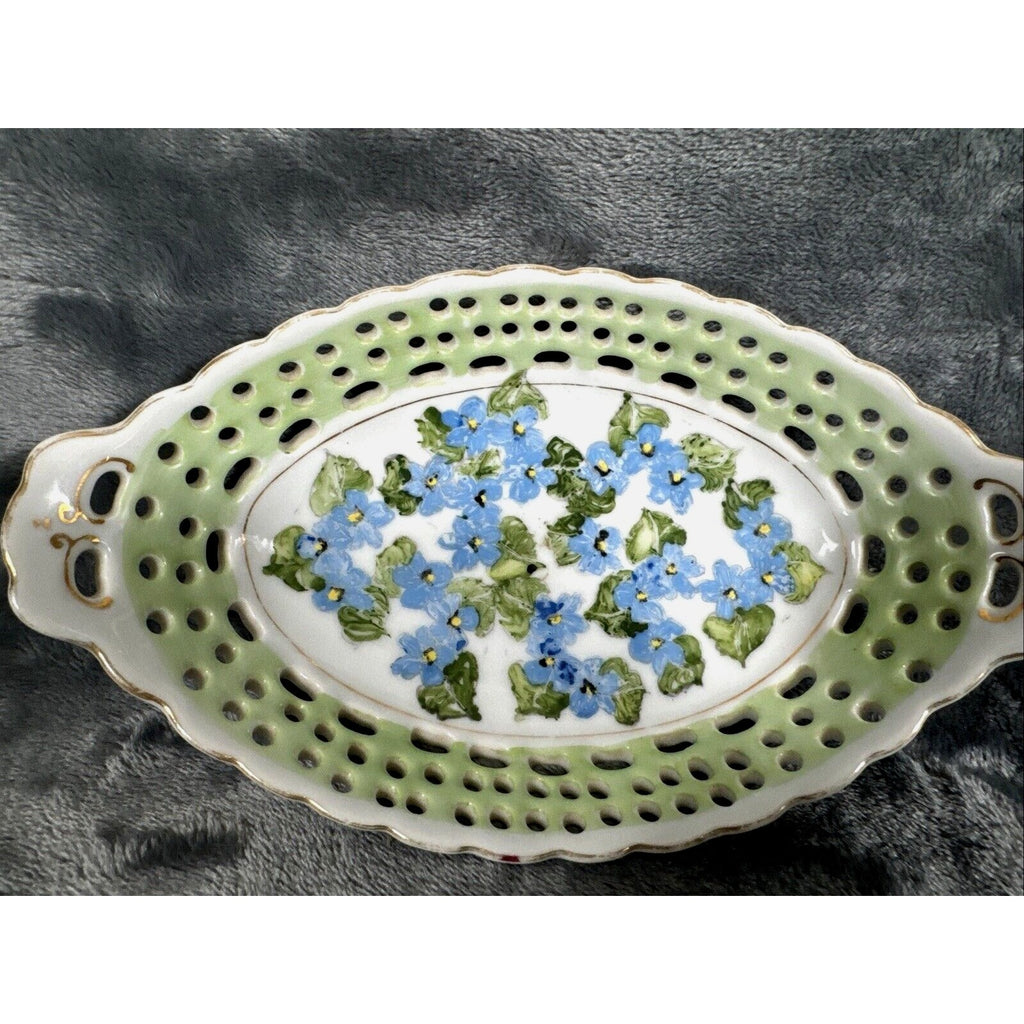 Antique Hand-Painted Porcelain Reticulated Serving Tray With Blue Floral Design & Gold Accents