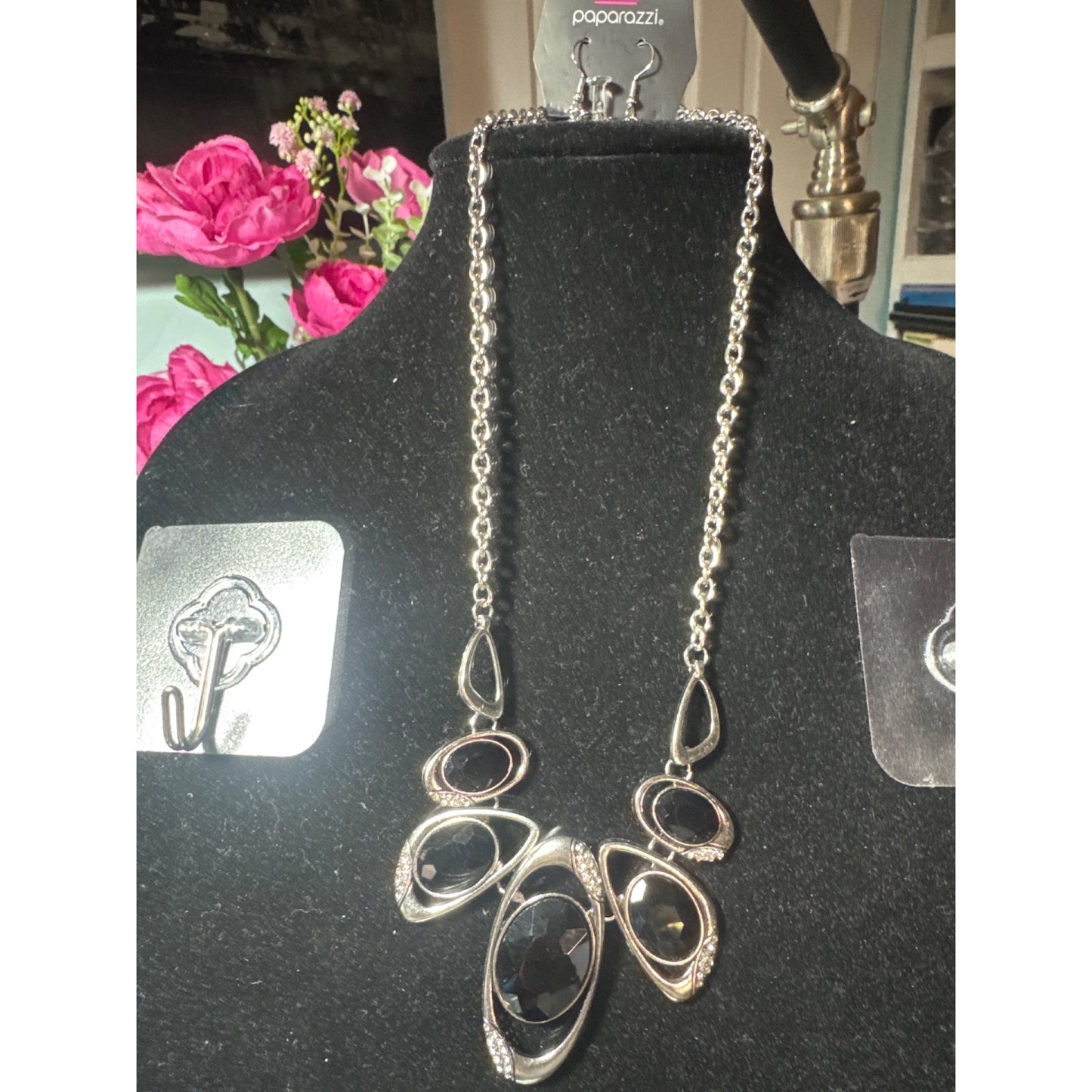 Paparazzi Silver & Black Faceted Stone Necklace & Earrings Set