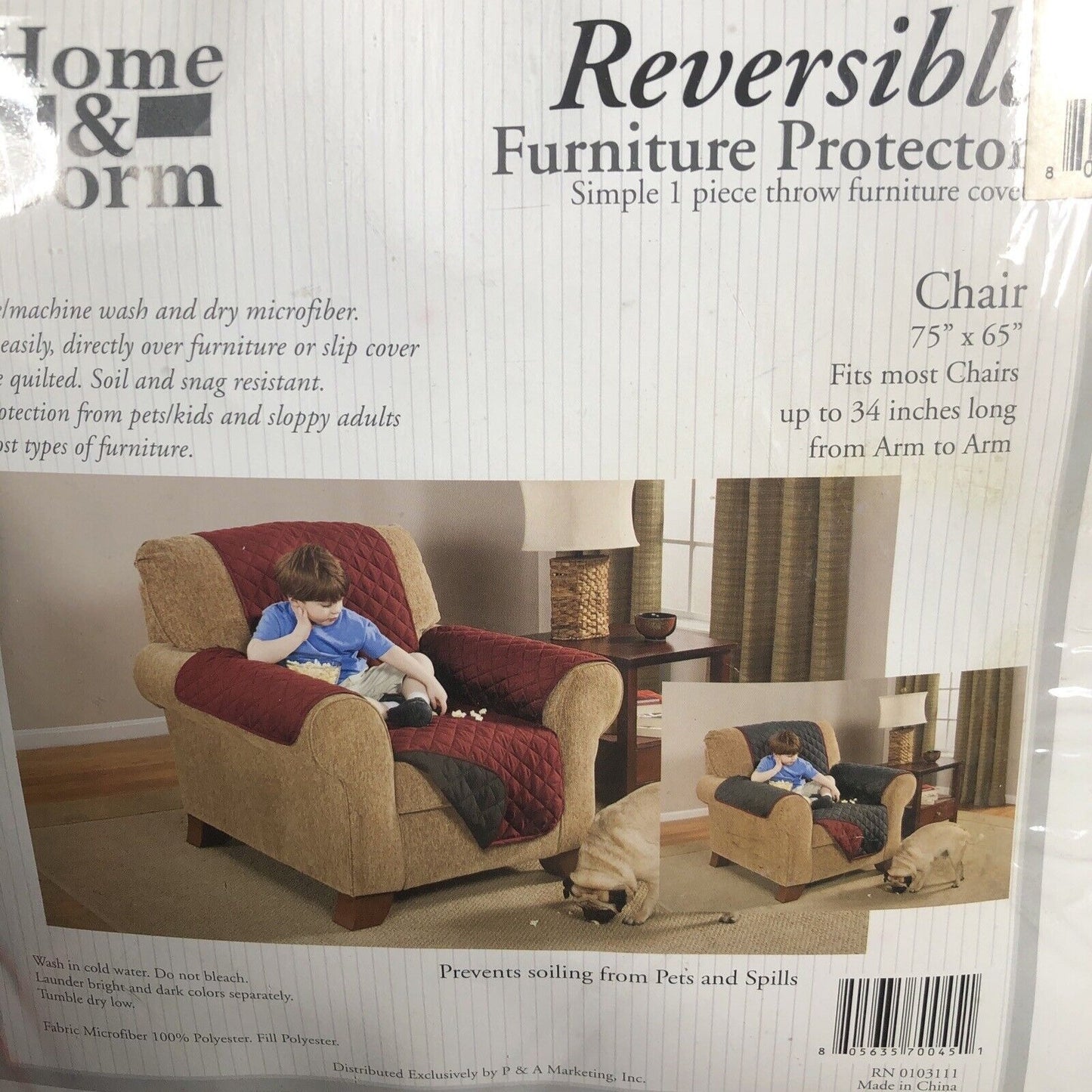 Home & Dorm Reversible Furniture Protector For Chairs 75" X 65" Red Quilted Microfiber Cover
