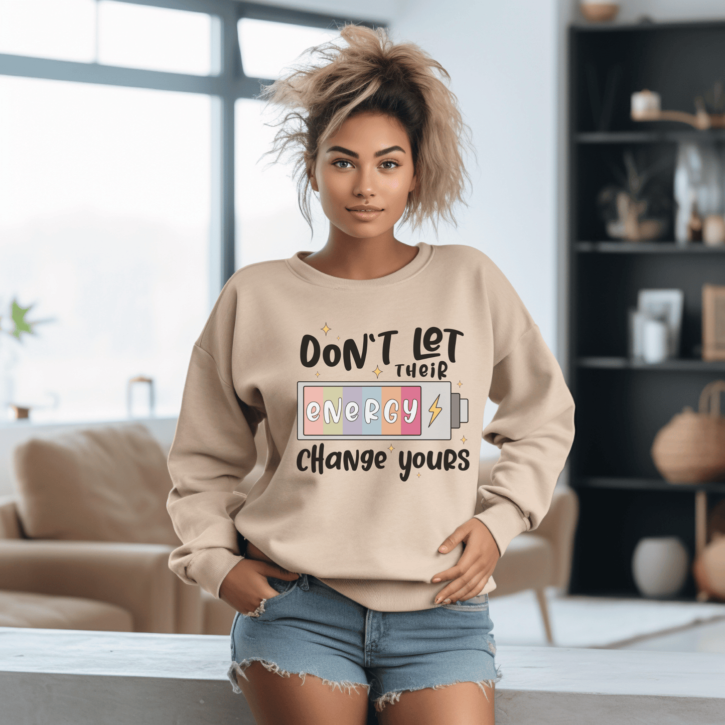 Don't Let Their Energy Change Yours Sweatshirt, Rainbow Battery Design, Unisex Crewneck Pullover, Cozy Cotton Blend, Gift for Energy Lovers