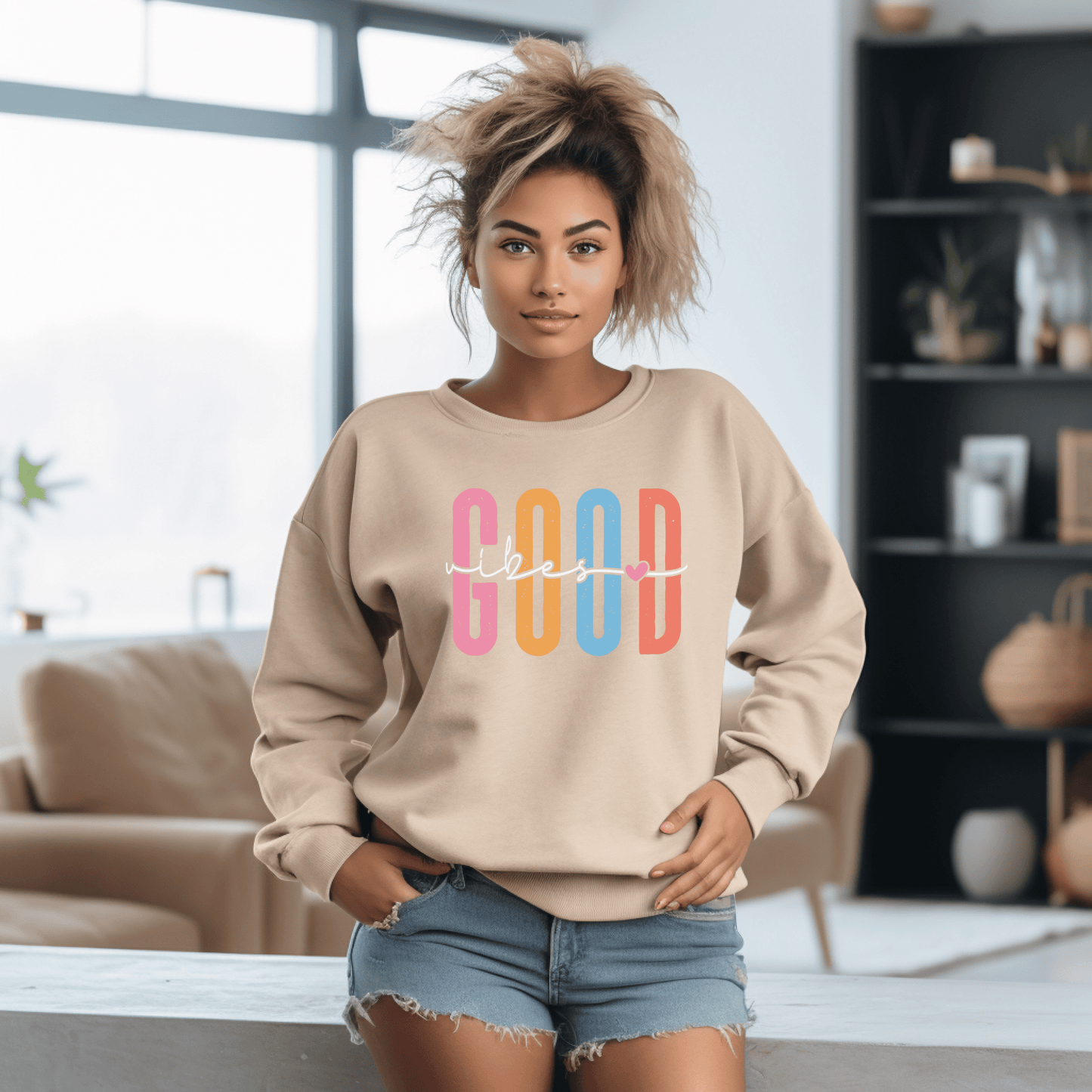 Good Vibes Sweatshirt, Colorful Graphic Unisex Crewneck, Positive Message Gift, Printed Cotton Blend Pullover