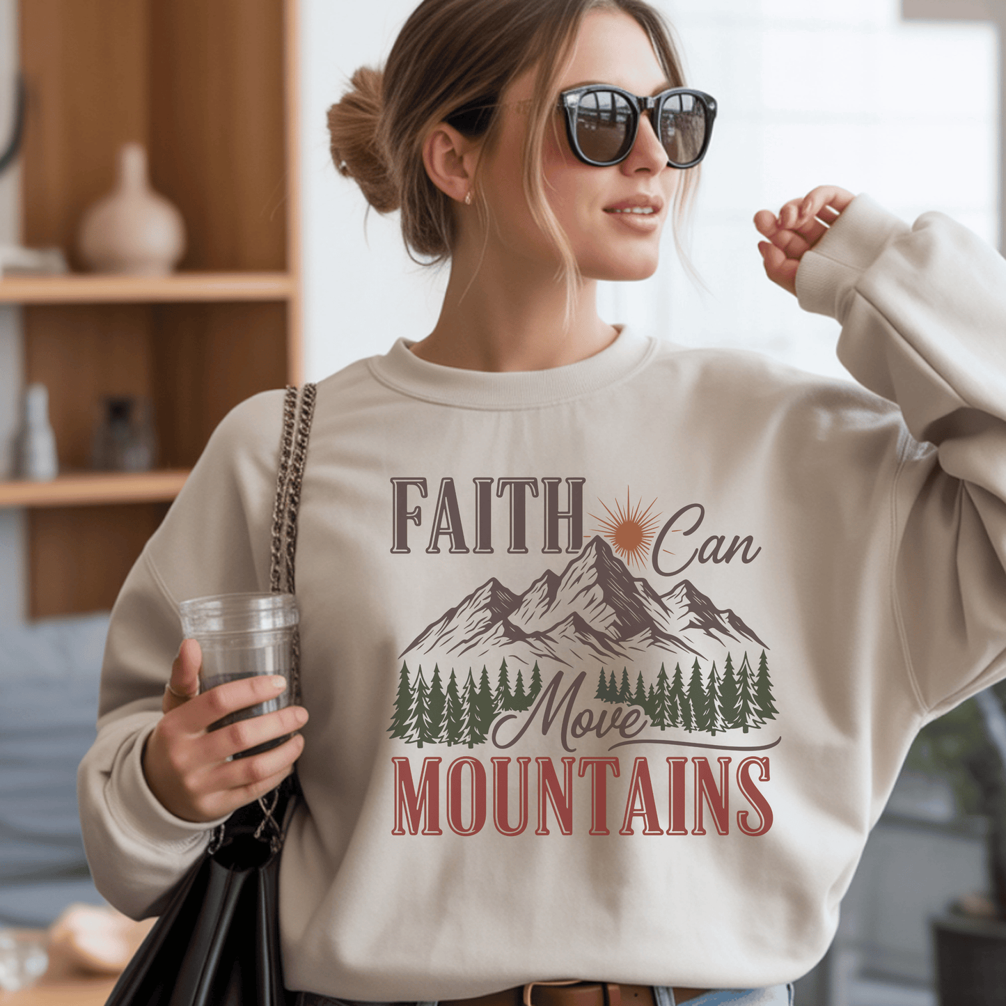 Faith Can Move Mountains Sweatshirt, Motivational Hiking Gift, Nature Lover Crewneck, Custom Printed Apparel, Inspirational Clothing