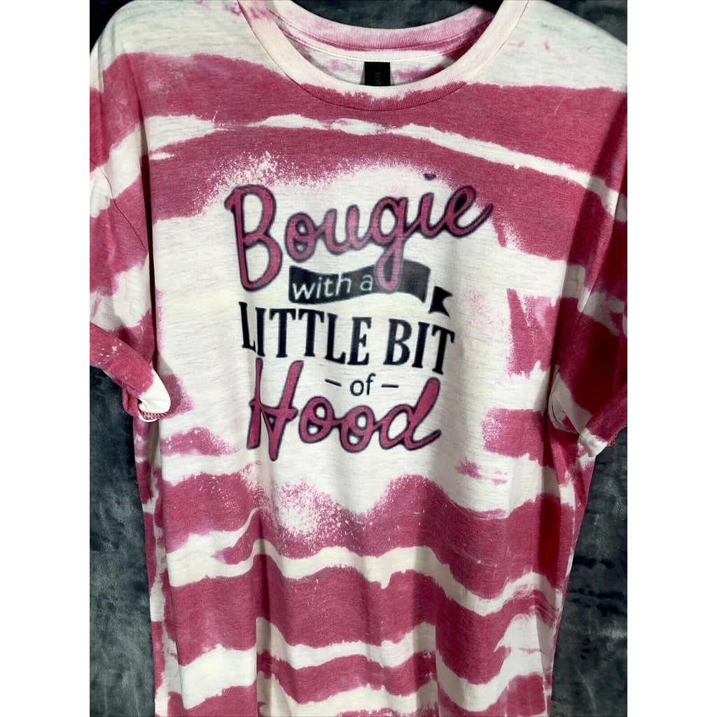 Bougie With A Little Bit Of Hood Tie-Dye Graphic T-Shirt Pink & White Rolled Sleeves Womens Casual Top