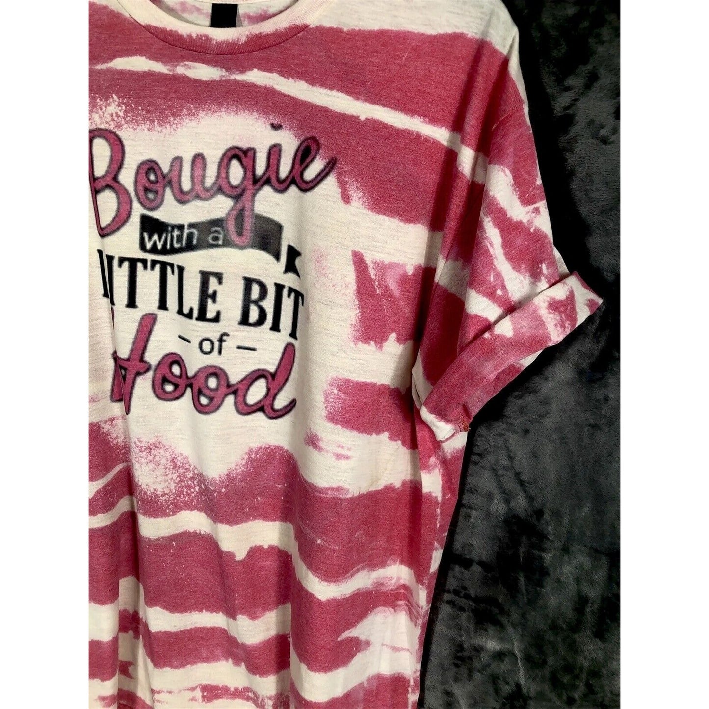 Bougie With A Little Bit Of Hood Tie-Dye Graphic T-Shirt Pink & White Rolled Sleeves Womens Casual Top