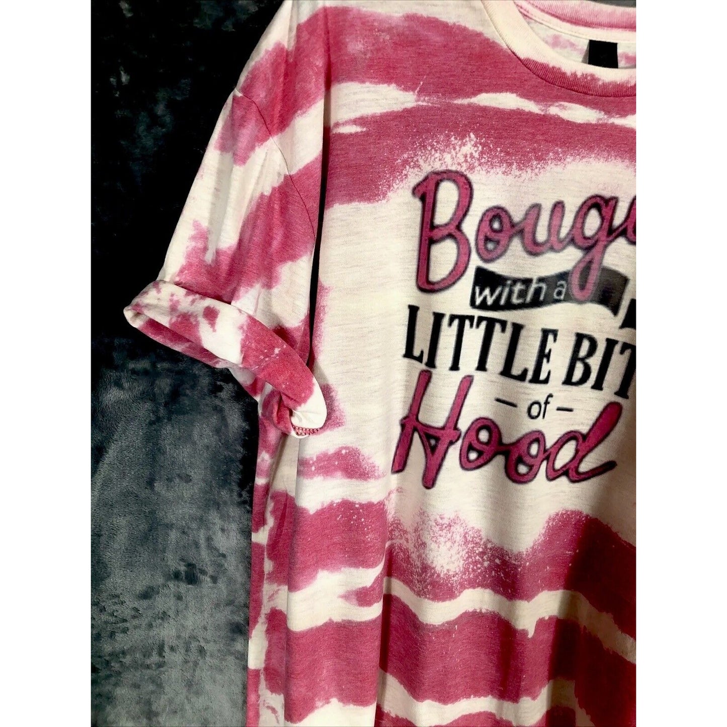 Bougie With A Little Bit Of Hood Tie-Dye Graphic T-Shirt Pink & White Rolled Sleeves Womens Casual Top