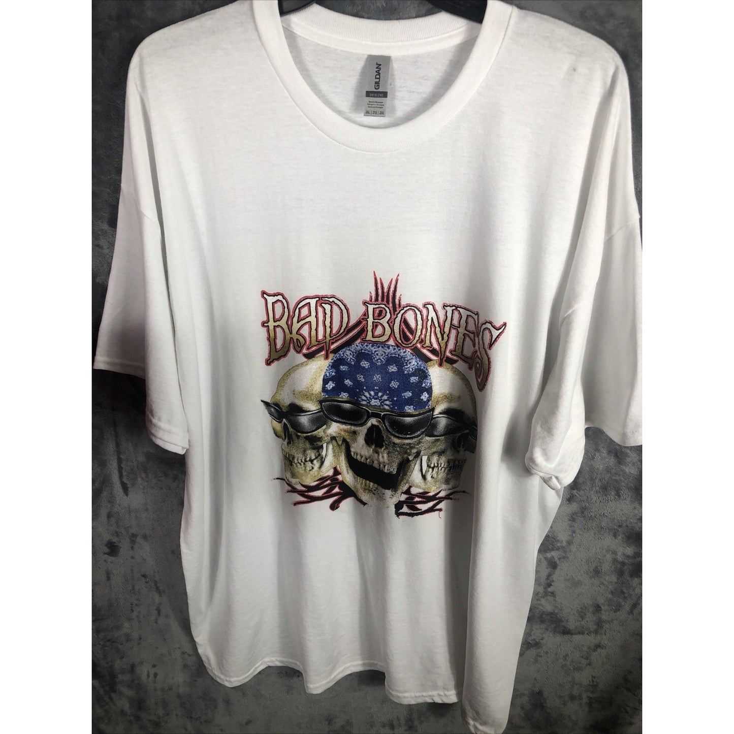 Men’s Skull  T-Shirt Bad To The Bone Shirt Size Adult 2X Large White