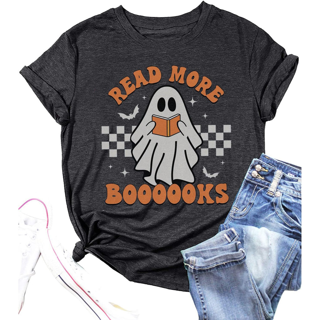 Teacher Halloween Shirt Women Read More Books T-Shirt Spooky Teacher Ghost Tees Short Sleeve Halloween Party Tops (L, Gray)