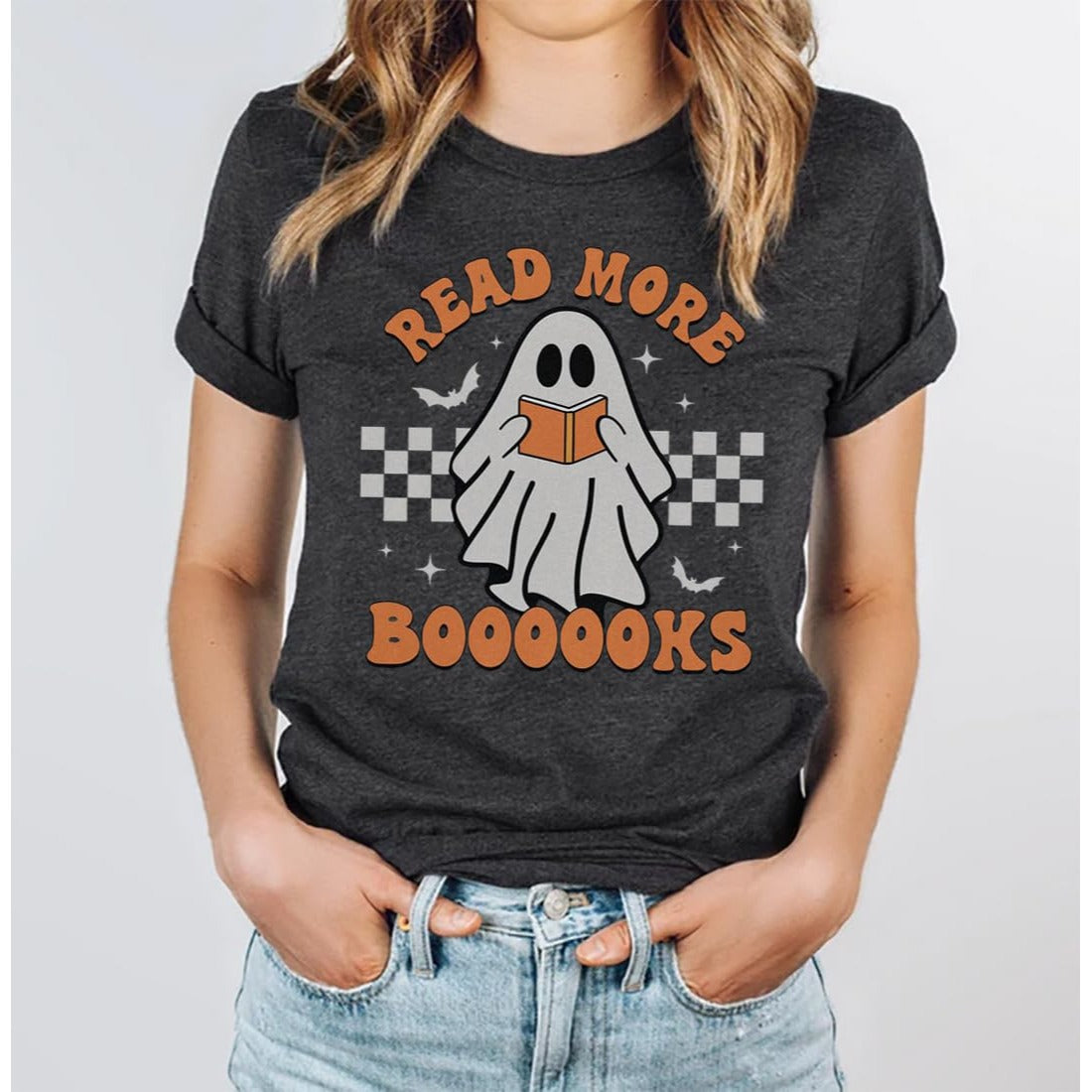 Teacher Halloween Shirt Women Read More Books T-Shirt Spooky Teacher Ghost Tees Short Sleeve Halloween Party Tops (L, Gray)