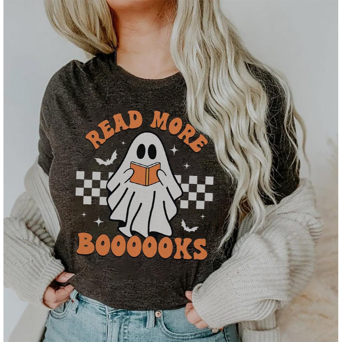 Teacher Halloween Shirt Women Read More Books T-Shirt Spooky Teacher Ghost Tees Short Sleeve Halloween Party Tops (L, Gray)