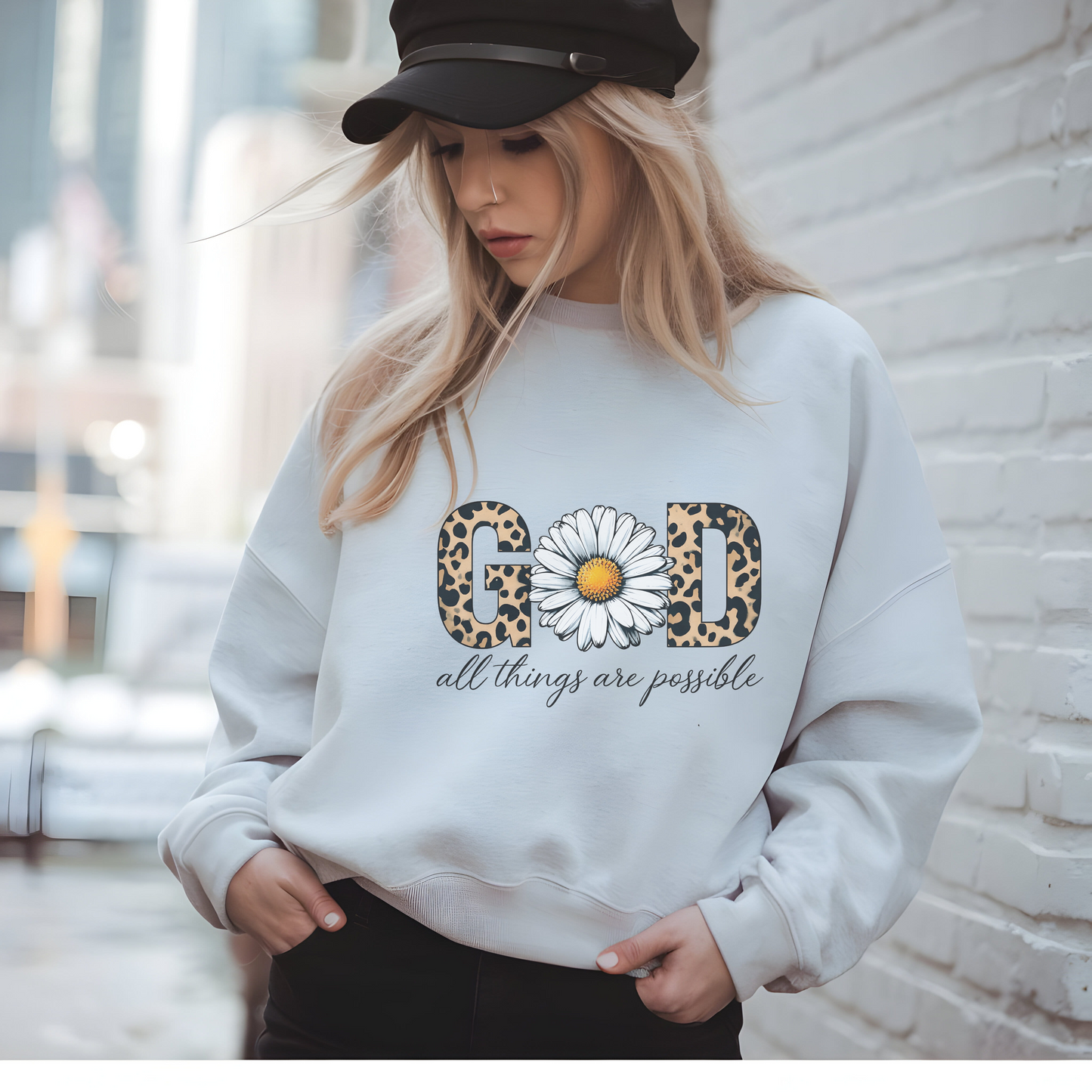 Leopard Print Daisy Sweatshirt, Inspirational Crewneck, Unisex Pullover, Chic Fall Fashion, Custom Apparel Gift, Graphic Print Top